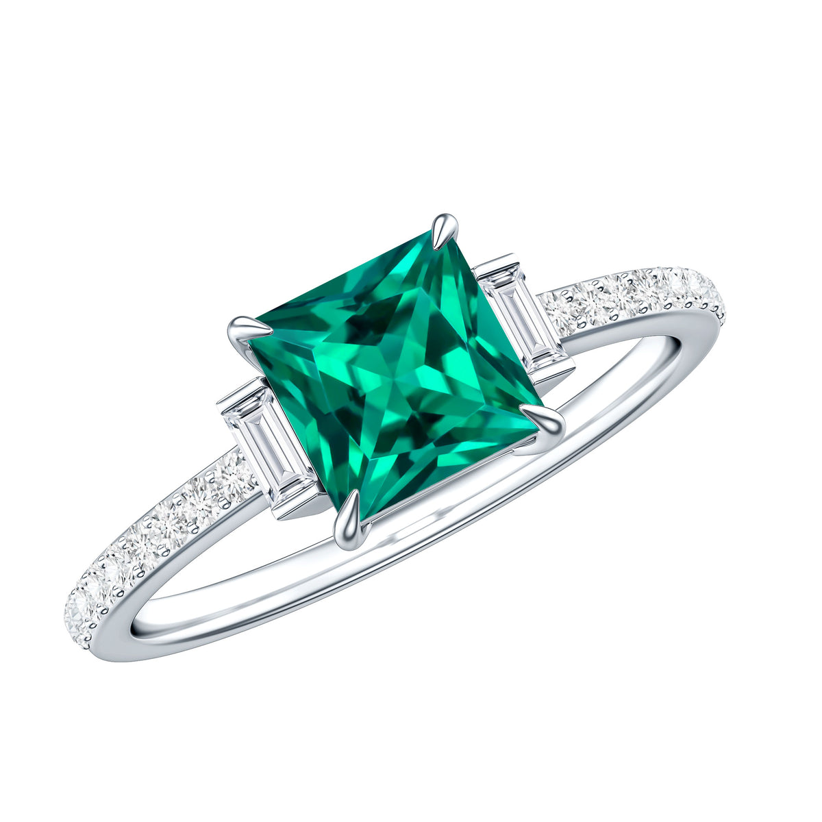 Lab Grown Emerald Diamond 3 Stone Engagement Ring with Certificate AAAA - Rosec Jewels