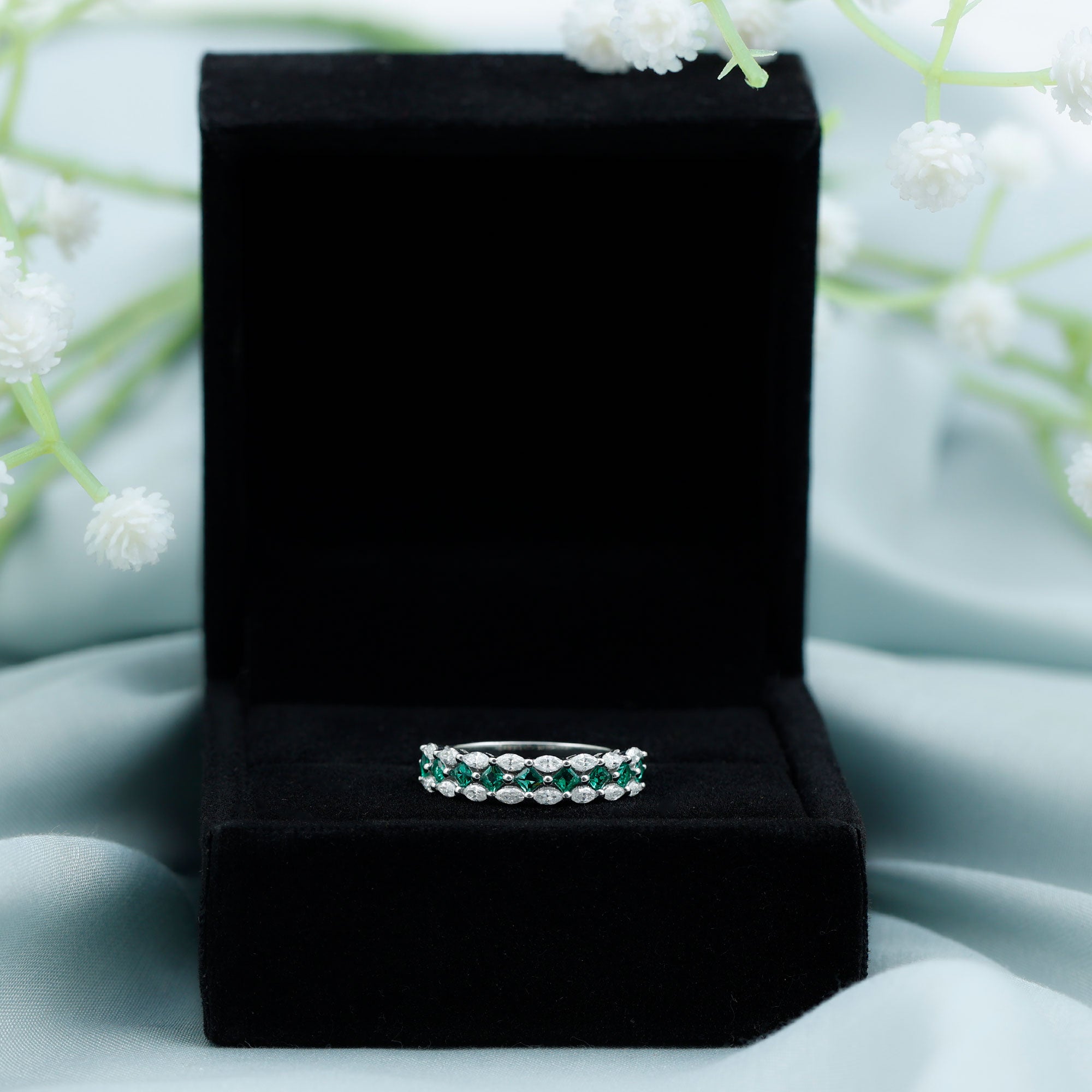 Certified Lab Grown Emerald Half Eternity Wedding Band AAAA - Rosec Jewels