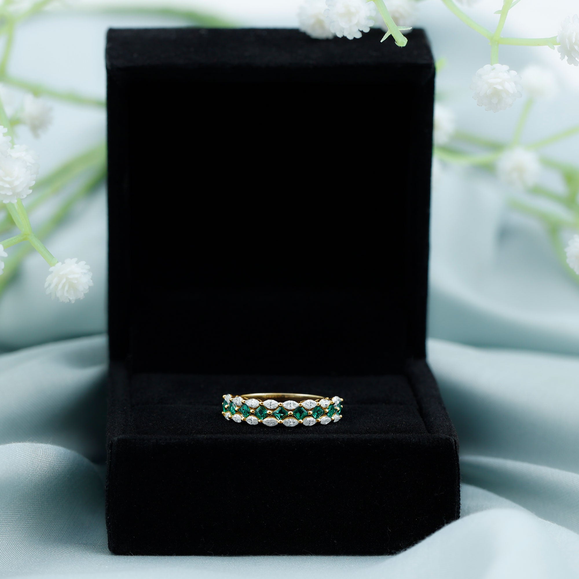 Certified Lab Grown Emerald Half Eternity Wedding Band AAAA - Rosec Jewels