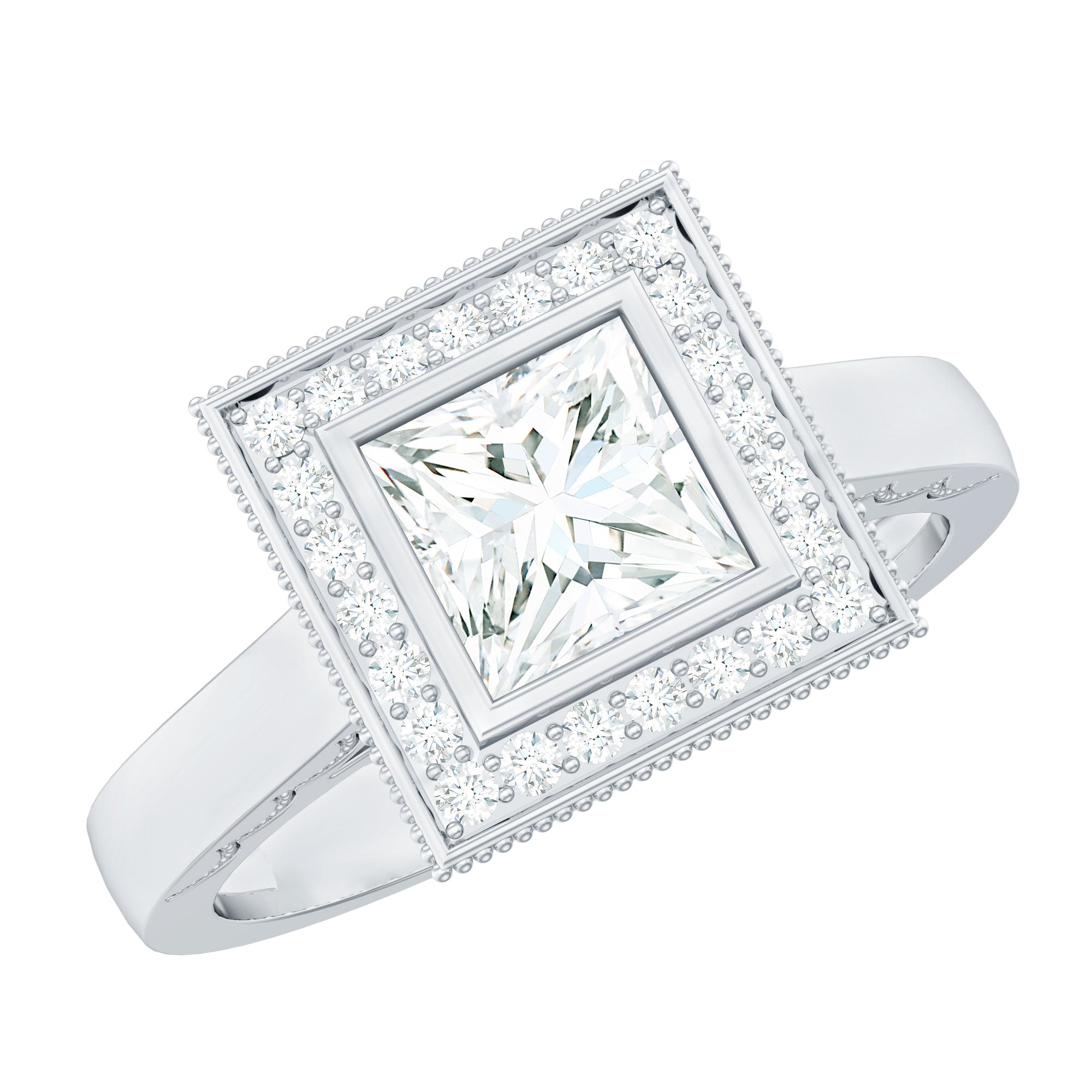 Princess Cut Moissanite Halo Engagement Ring with Milgrain Detail
