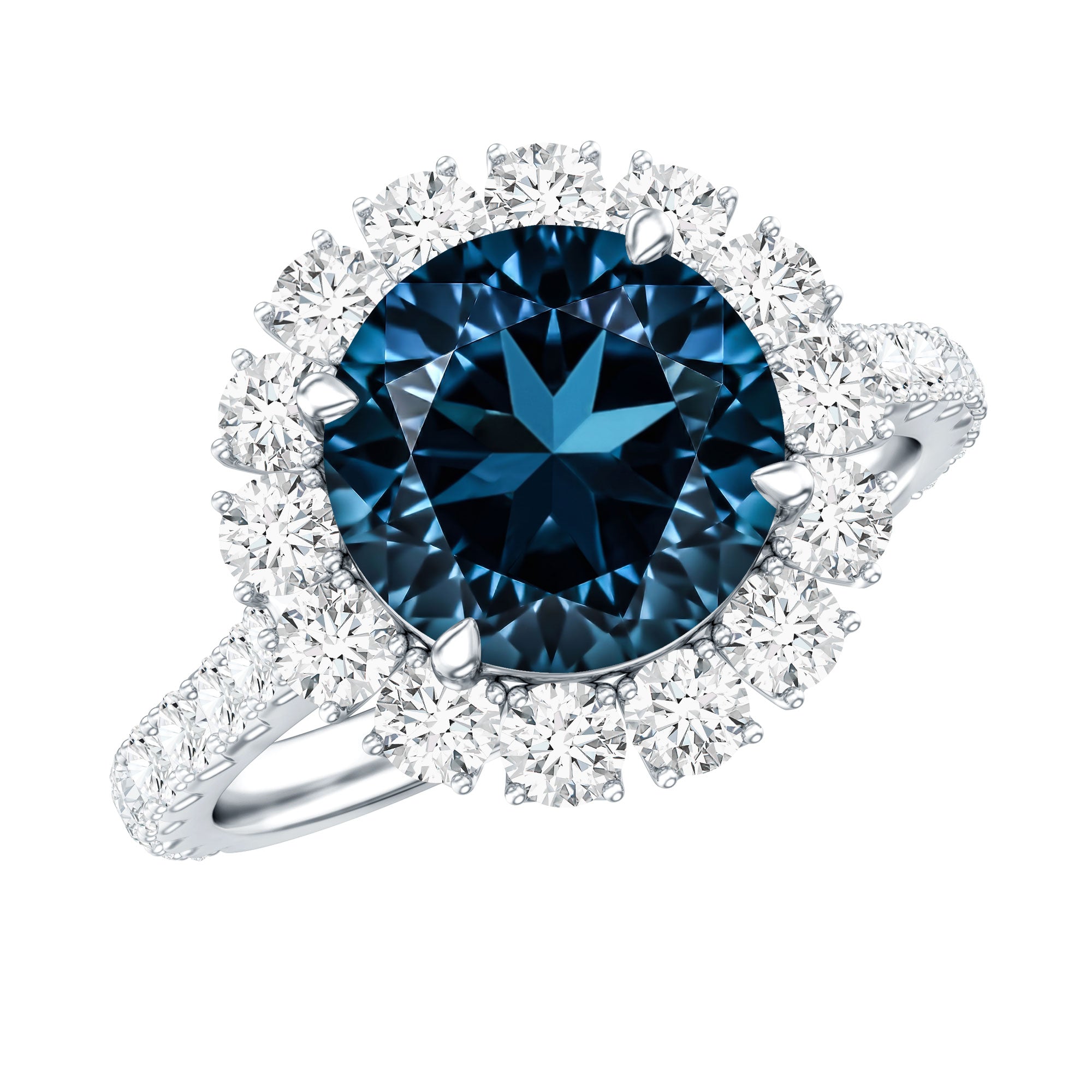 2 Carat Round London Blue Topaz Halo Engagement Ring with Moissanite AAA - Rosec Jewels
