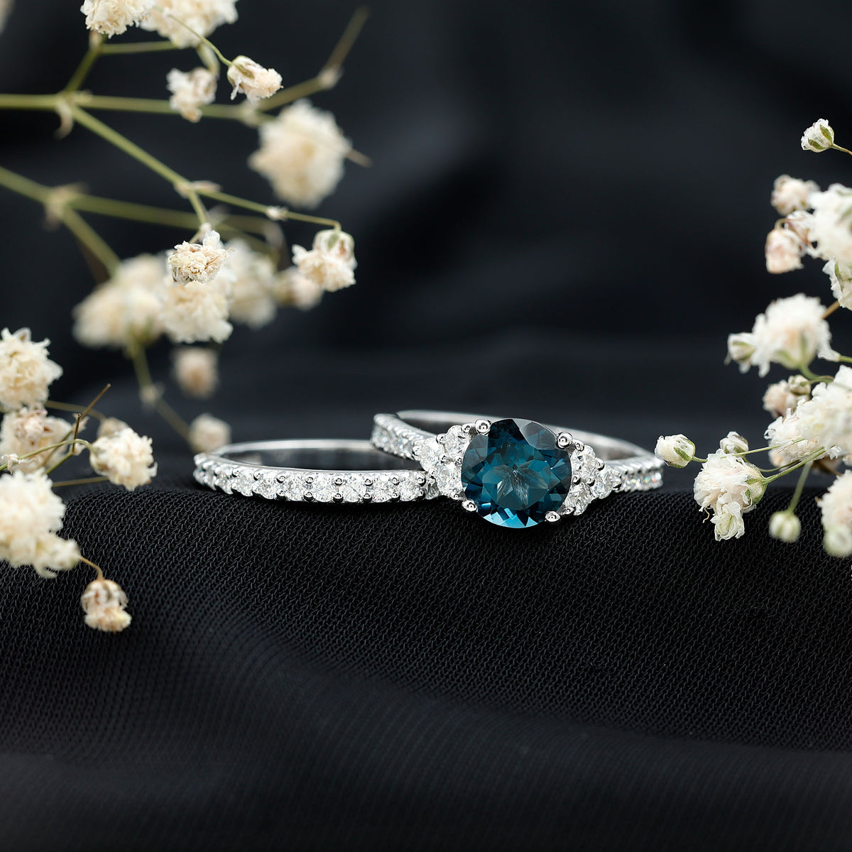 2 Carat London Blue Topaz Ring Set with Wedding Band AAA - Rosec Jewels