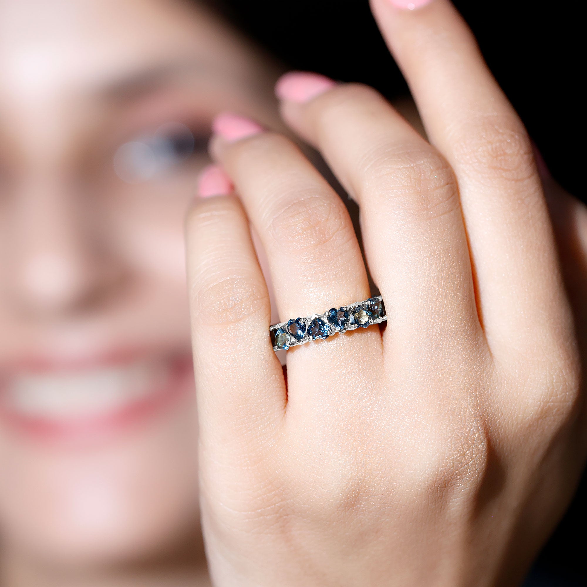 London Blue Topaz Heart Eternity Band Ring AAA - Rosec Jewels