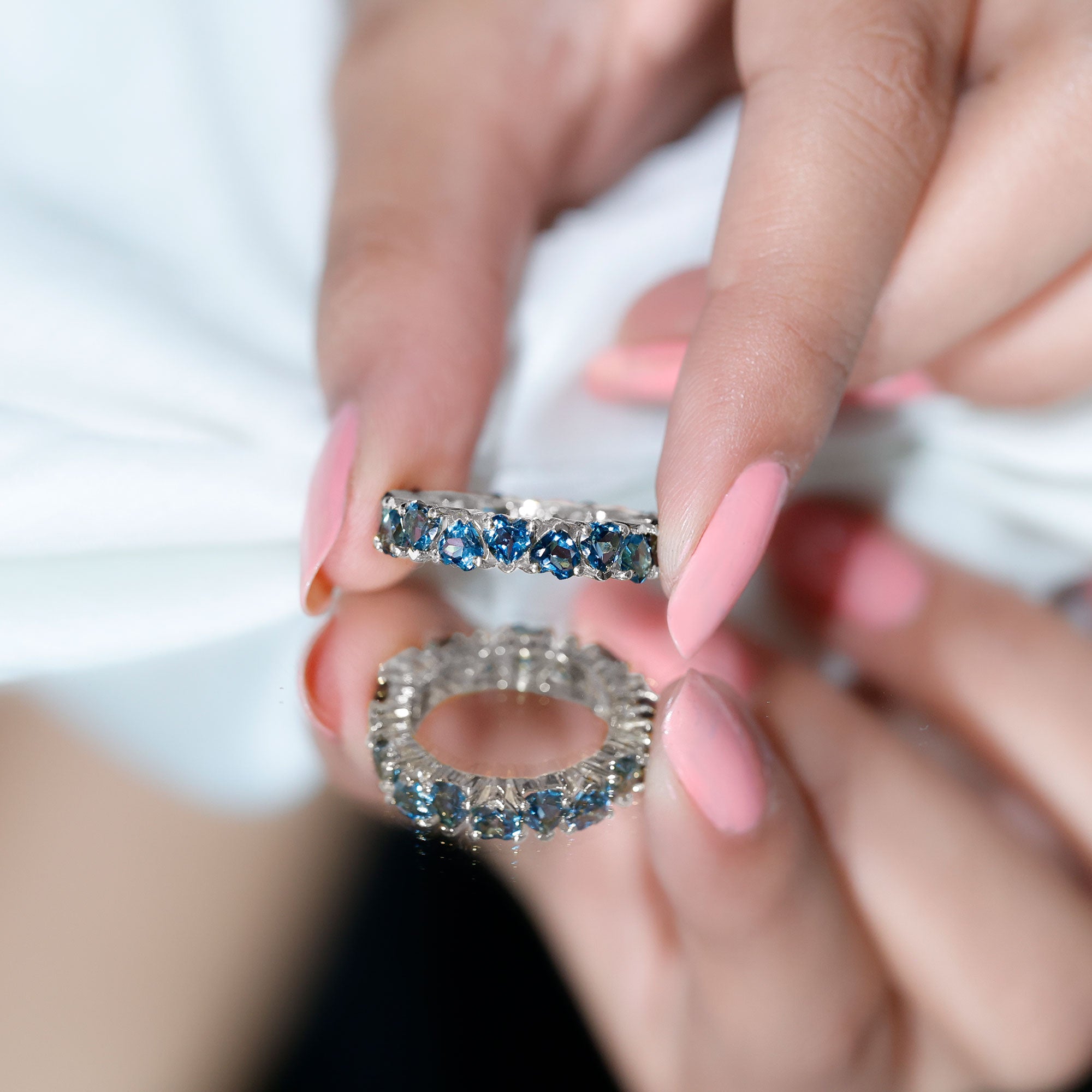 London Blue Topaz Heart Eternity Band Ring AAA - Rosec Jewels