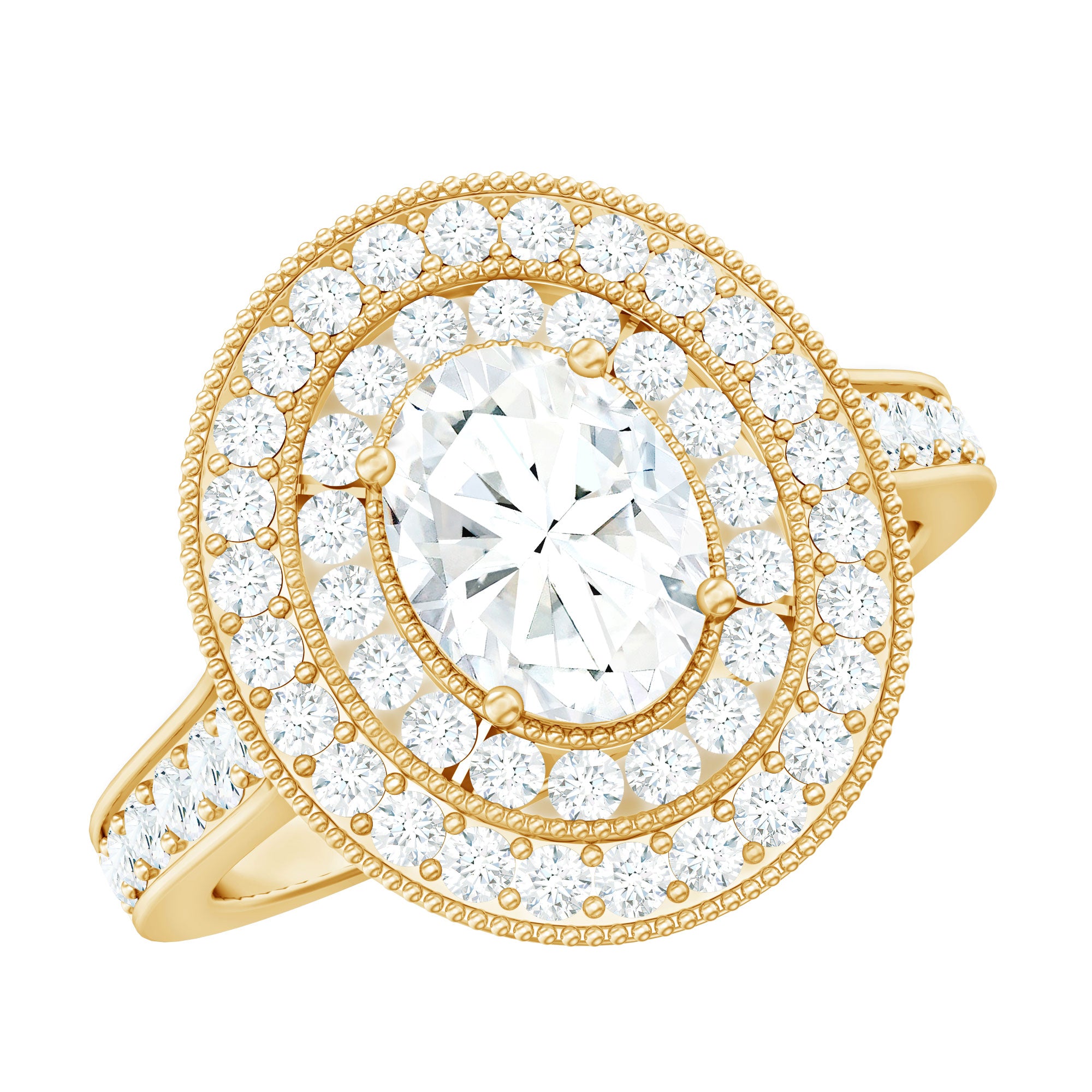 Rosec Jewels-Milgrain Embellished Oval Moissanite Double Halo Engagement Ring