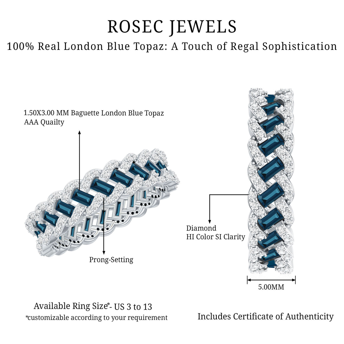 Baguette London Blue Topaz Full Eternity Band with Diamond AAA - Rosec Jewels