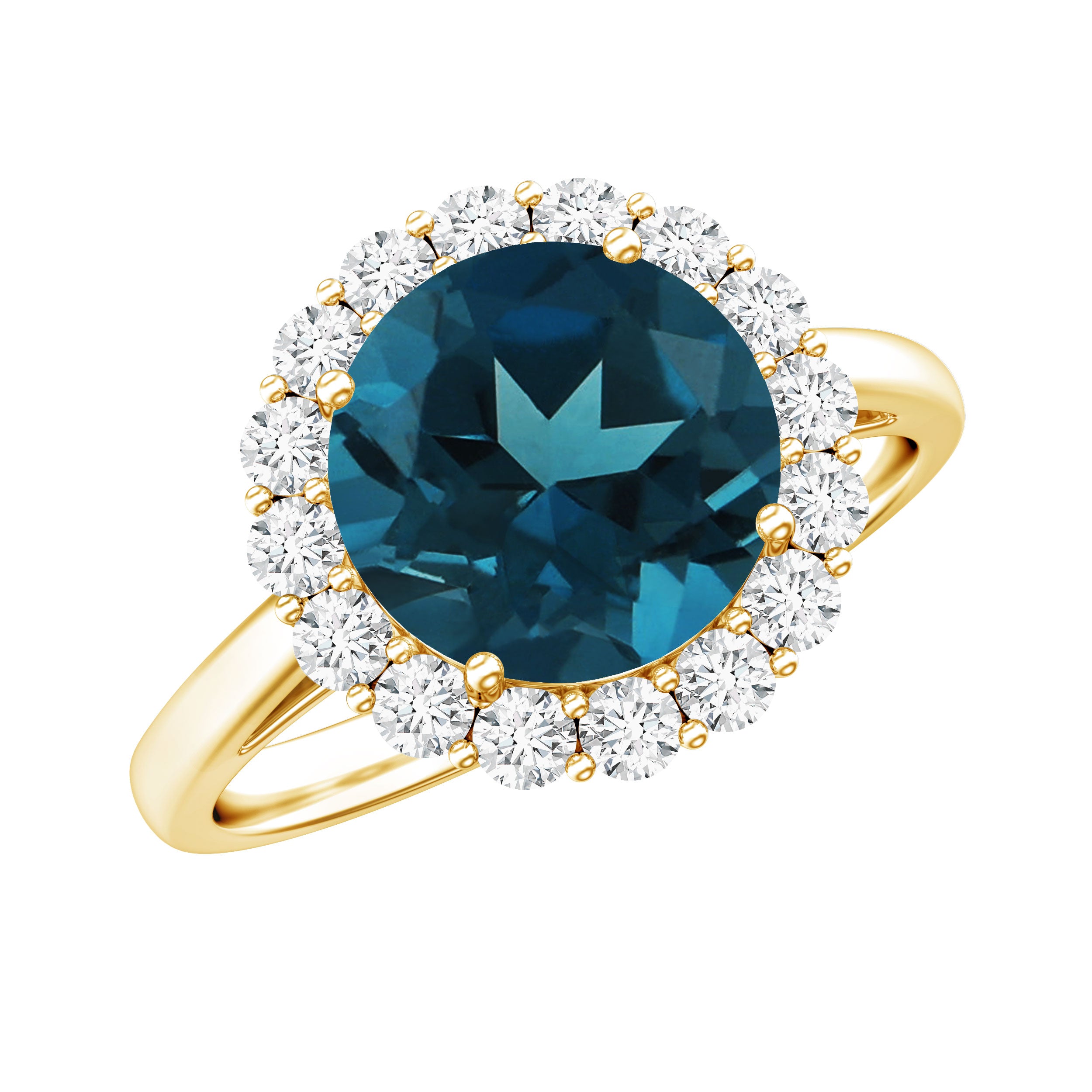 2 Carat Round London Blue Topaz Classic Engagement Ring with Diamond Halo AAA - Rosec Jewels