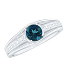 Genuine London Blue Topaz Engagement Ring with Diamond Side Stones AAA - Rosec Jewels