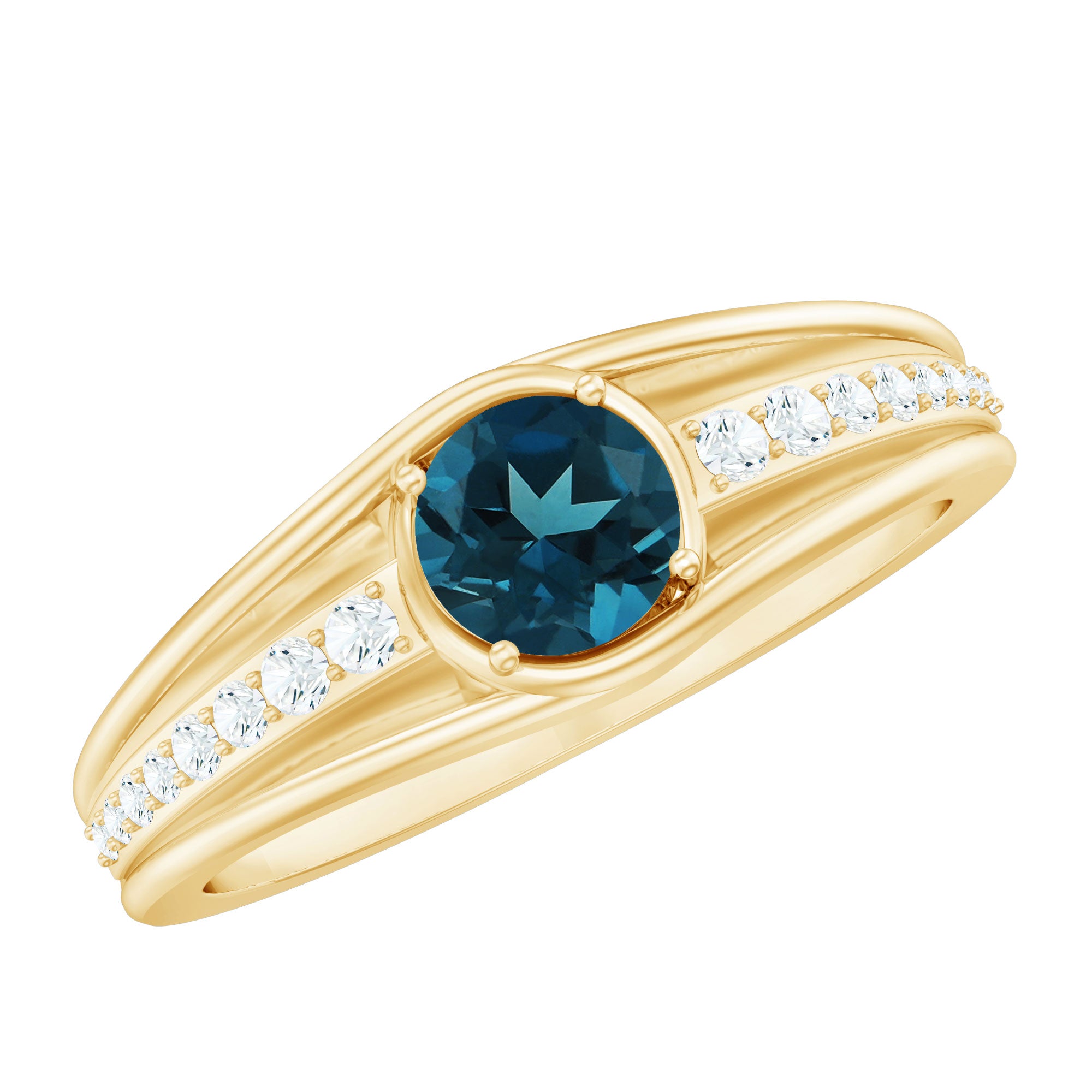 Genuine London Blue Topaz Engagement Ring with Diamond Side Stones AAA - Rosec Jewels
