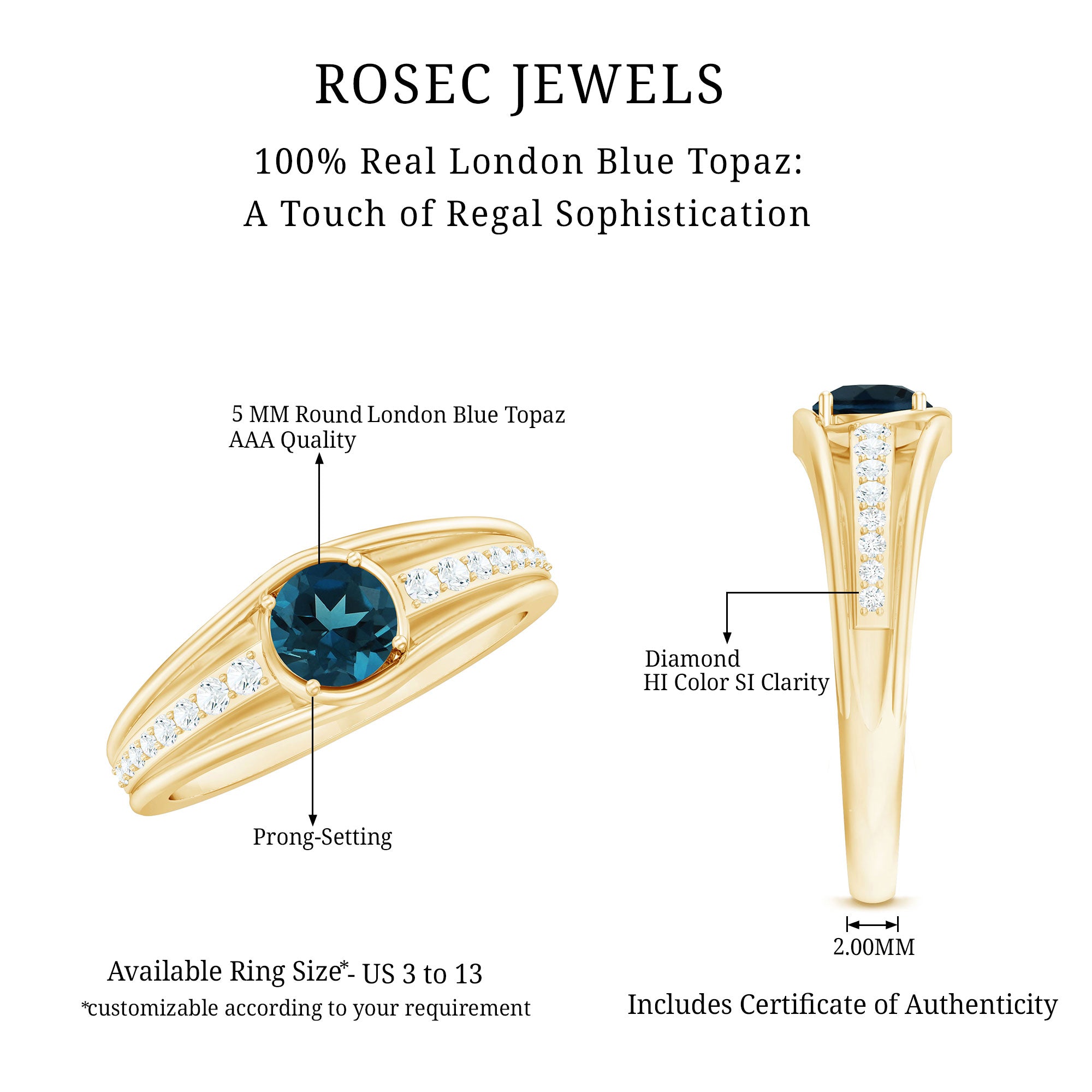 Genuine London Blue Topaz Engagement Ring with Diamond Side Stones AAA - Rosec Jewels