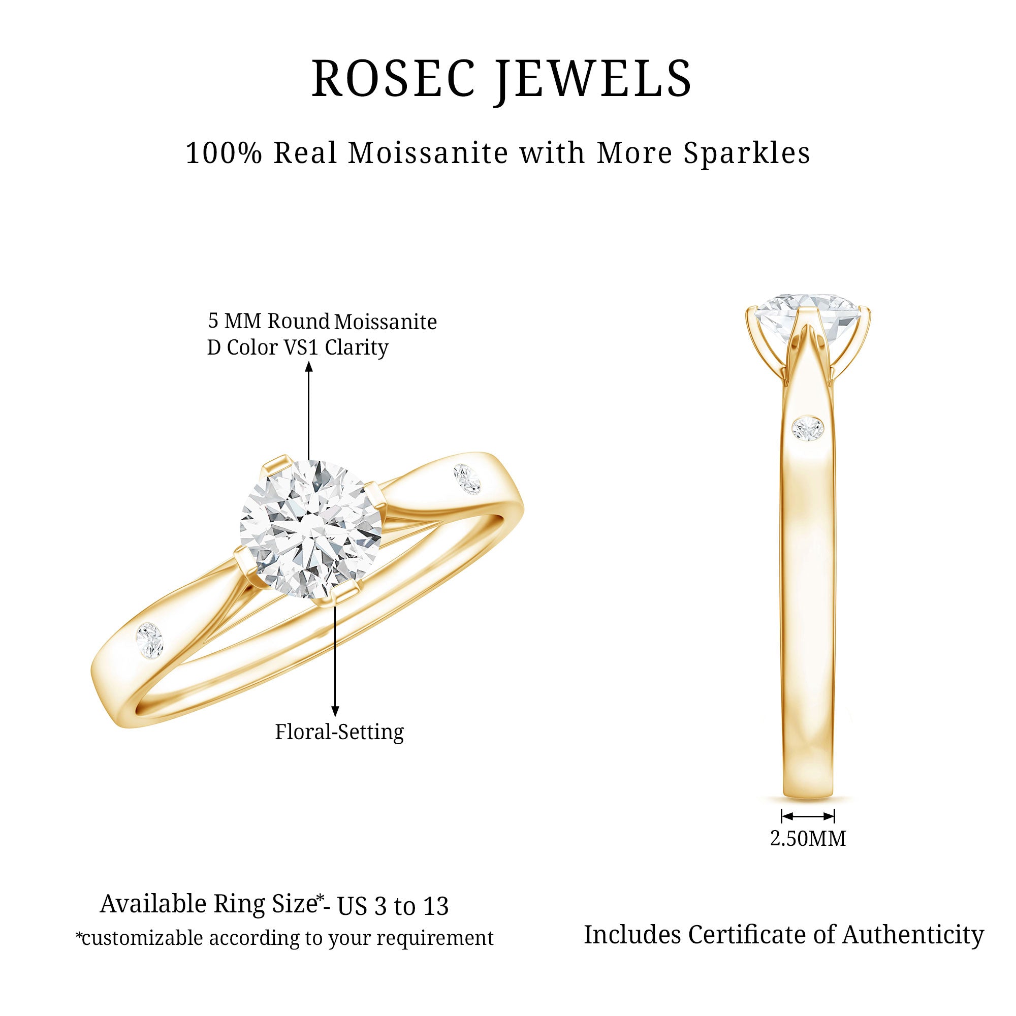 Rosec Jewels-Floral Set Moissanite Solitaire Promise Ring for Her