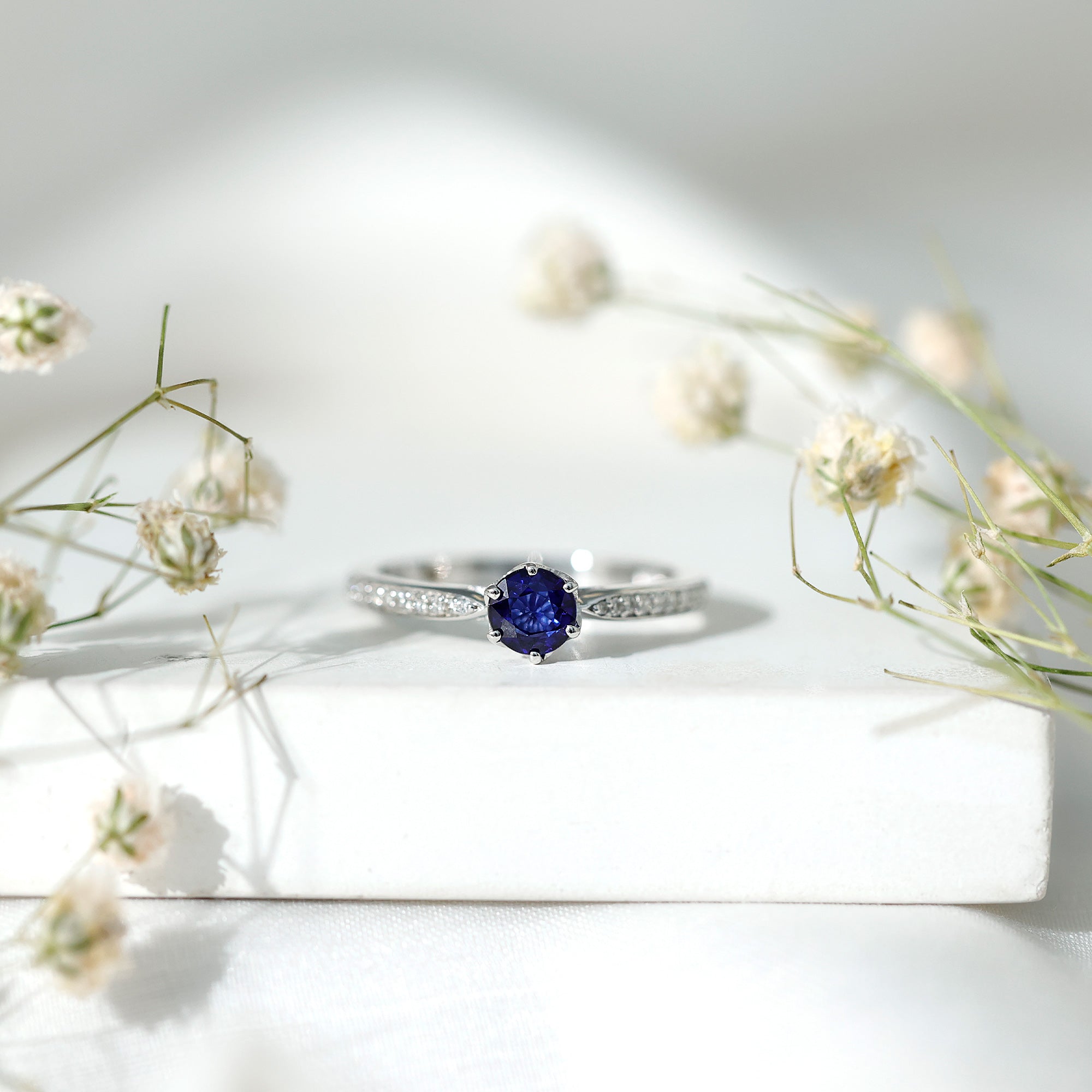 Natural 0.9 Carat Blue Sapphire Engagement Ring with Diamond AAA - Rosec Jewels