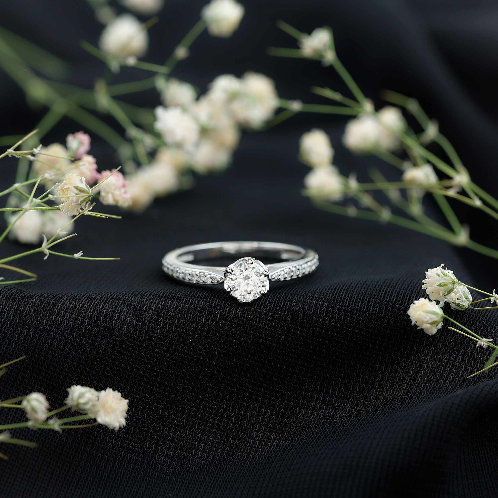 Rosec Jewels-Lotus Basket Set Moissanite Solitaire Engagement Ring for Women