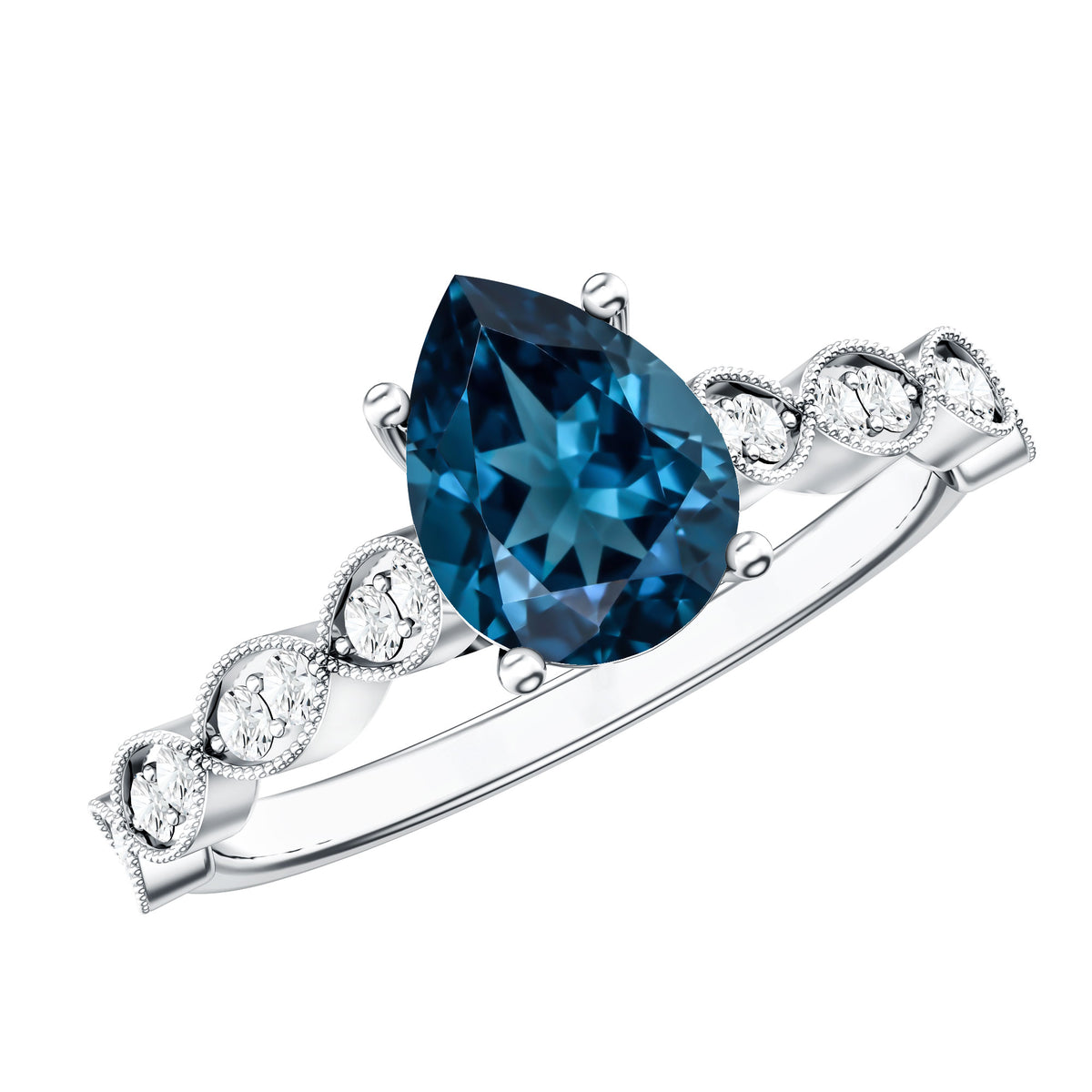 1 Carat Pear Shaped London Blue Topaz Teardrop Engagement Ring with Diamond AAA - Rosec Jewels