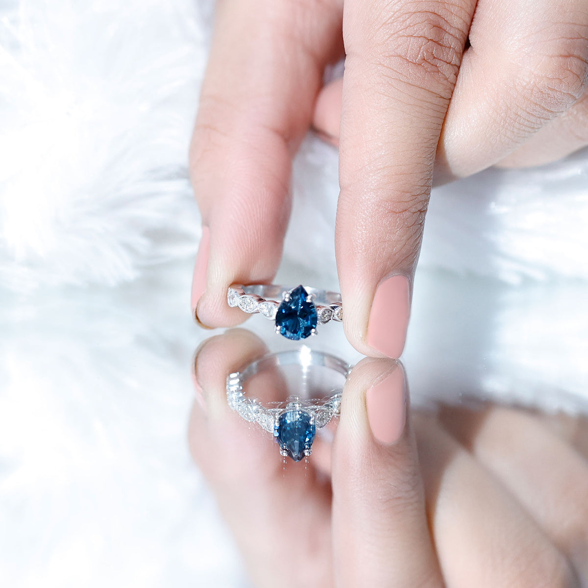 1 Carat Pear Shaped London Blue Topaz Teardrop Engagement Ring with Diamond AAA - Rosec Jewels