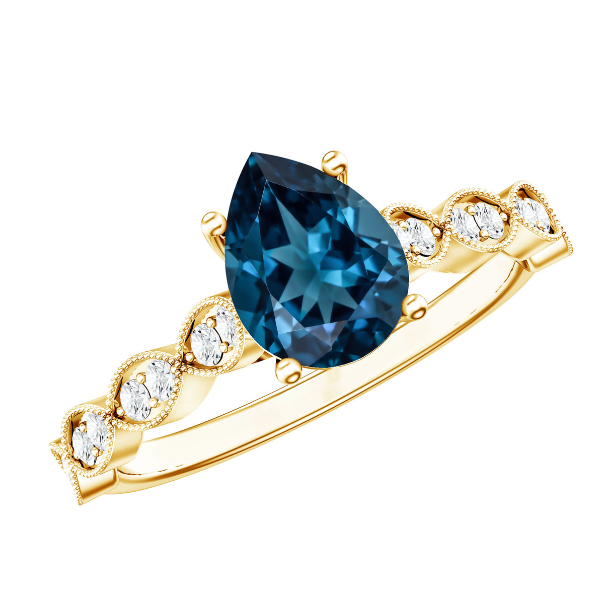 1 Carat Pear Shaped London Blue Topaz Teardrop Engagement Ring with Diamond AAA - Rosec Jewels