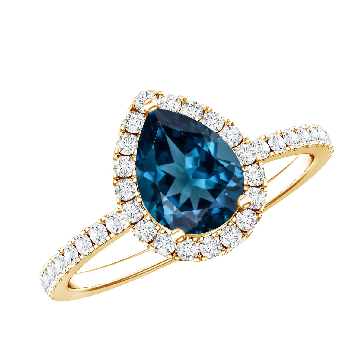 0.7 Carat Pear Shape London Blue Topaz Teardrop Engagement Ring with Diamond Halo AAA - Rosec Jewels