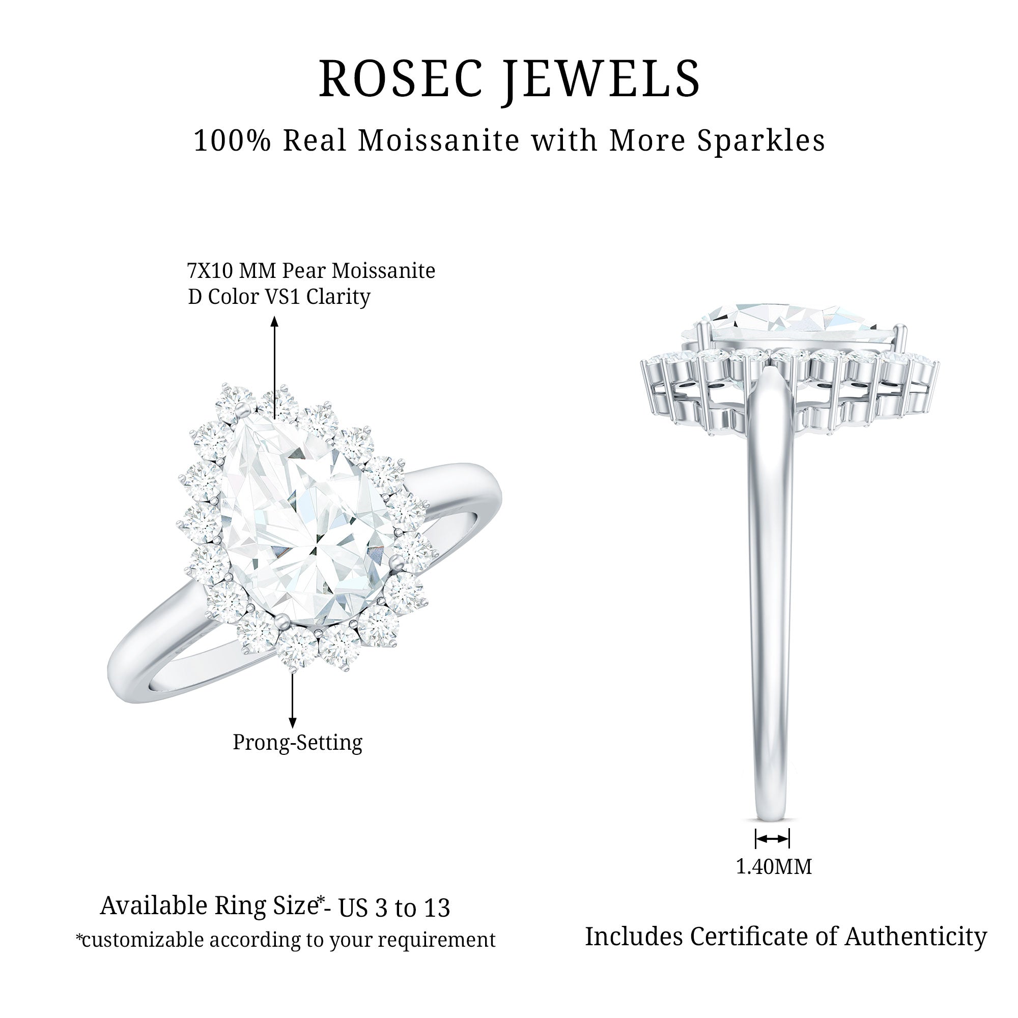 Certified Pear Cut Engagement Ring With Moissanite D-VS1 - Rosec Jewels