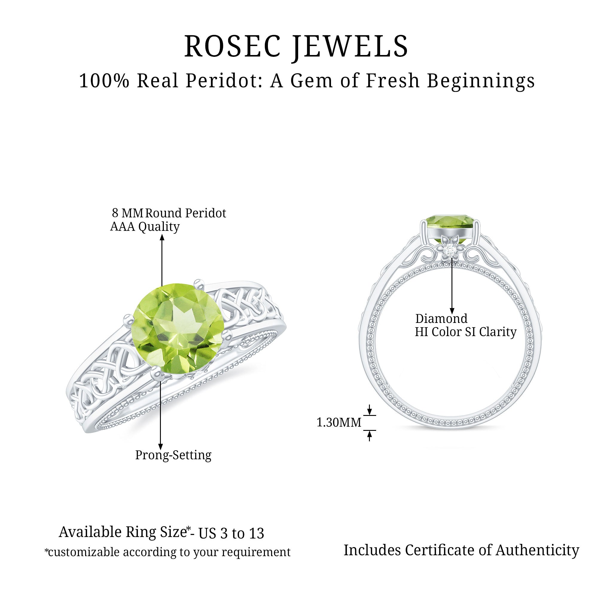 Real 2 Carat Peridot Celtic Knot Engagement Ring with Surprise Diamond AAA - Rosec Jewels