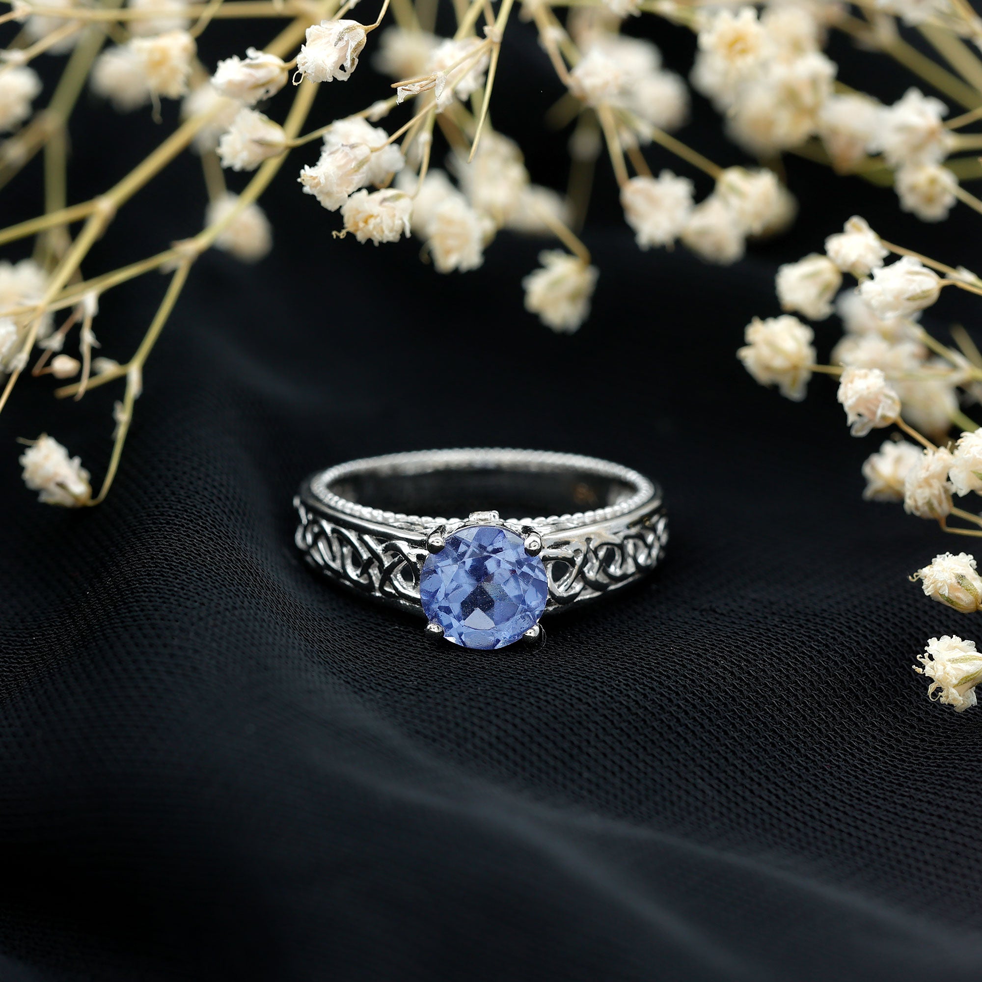 1.5 Carat Lab Created Tanzanite Engagement Ring with Celtic Design AAAA - Rosec Jewels