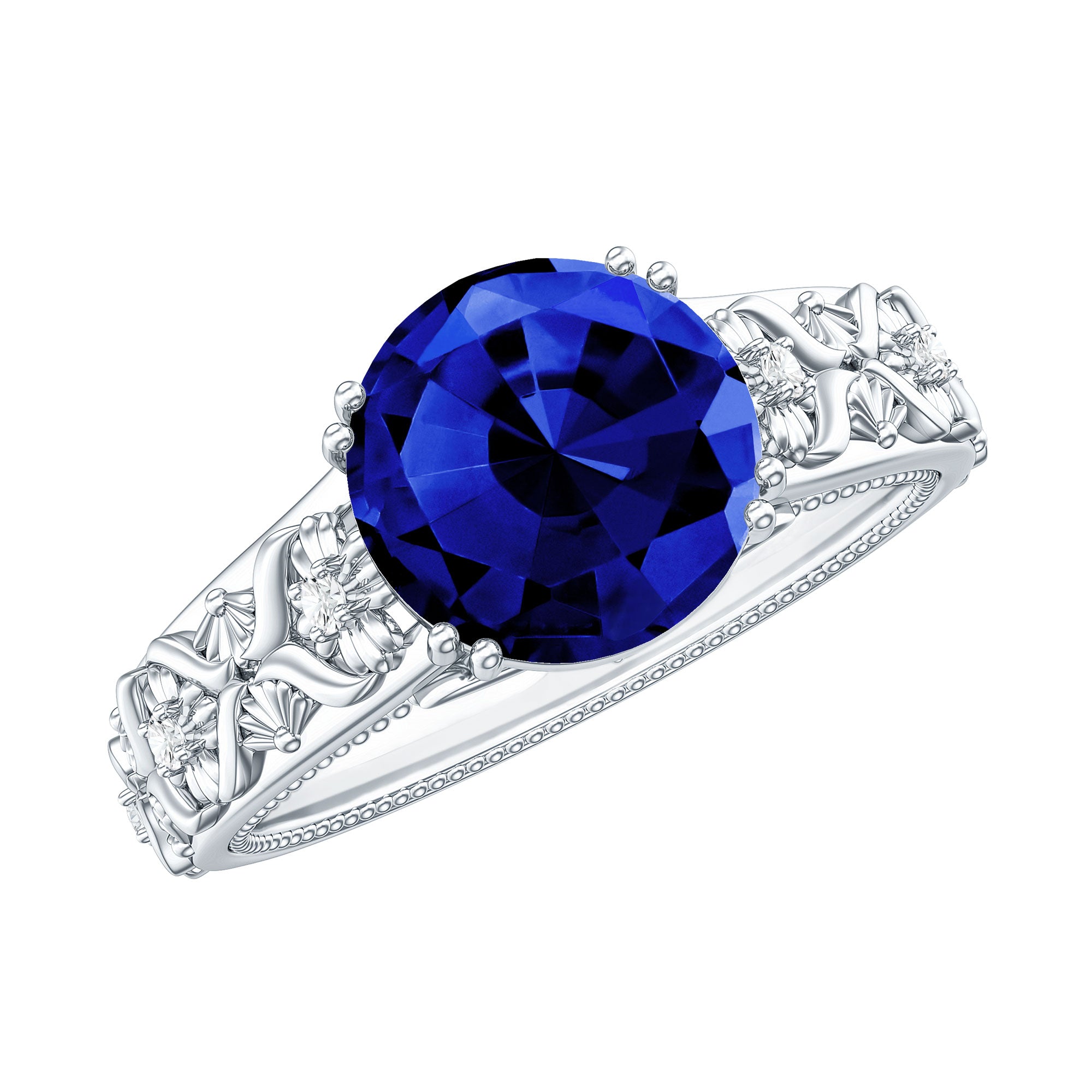 Nature Inspired 2.7 Carat Lab Grown Blue Sapphire Engagement Ring with Diamond AAAA - Rosec Jewels