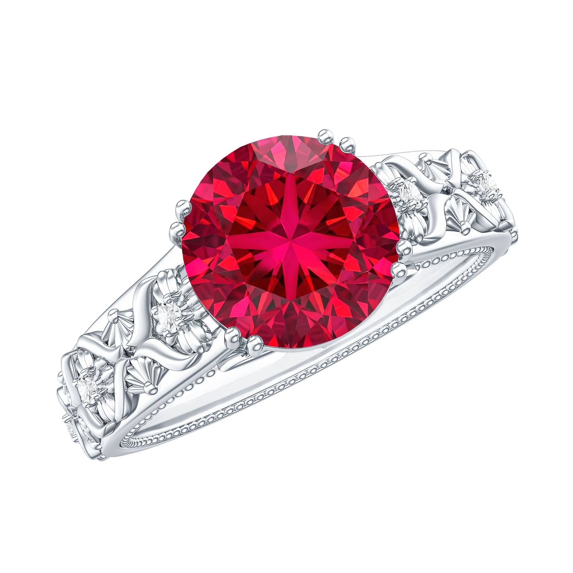 Vintage Inspired Lab Created Ruby Solitaire Engagement Ring AAAA - Rosec Jewels