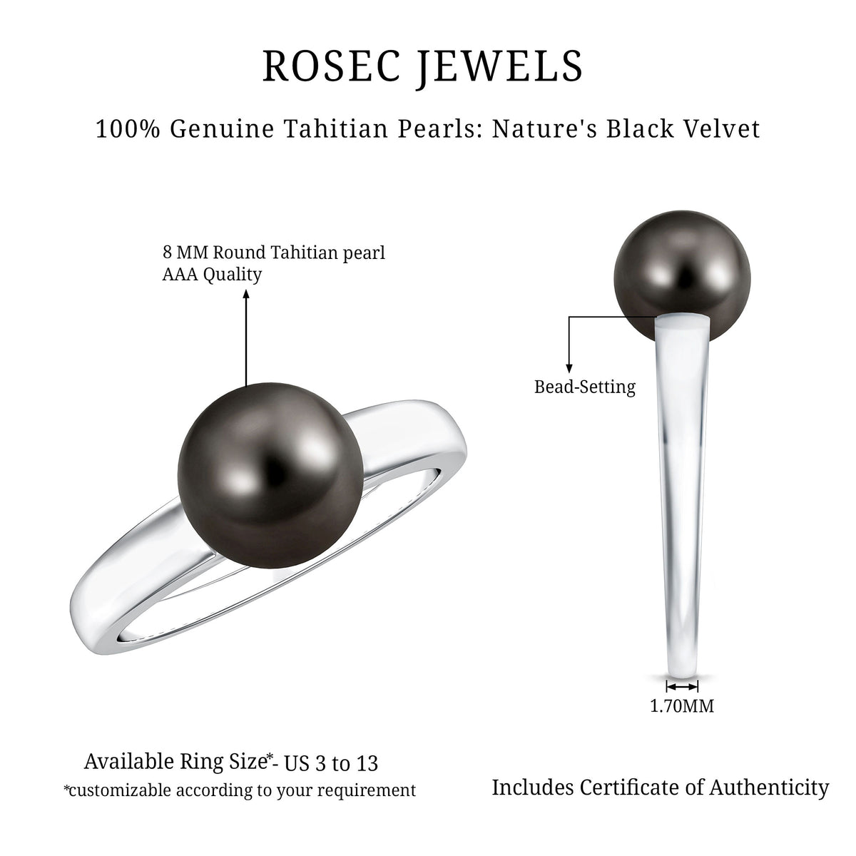 Handpicked Natural Black Pearl Solitaire Engagement Ring With Certificate AAA - Rosec Jewels