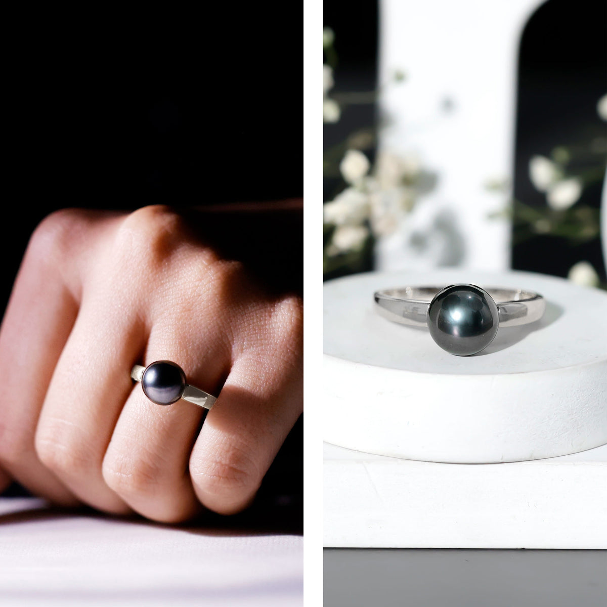 Handpicked Natural Black Pearl Solitaire Engagement Ring With Certificate AAA - Rosec Jewels