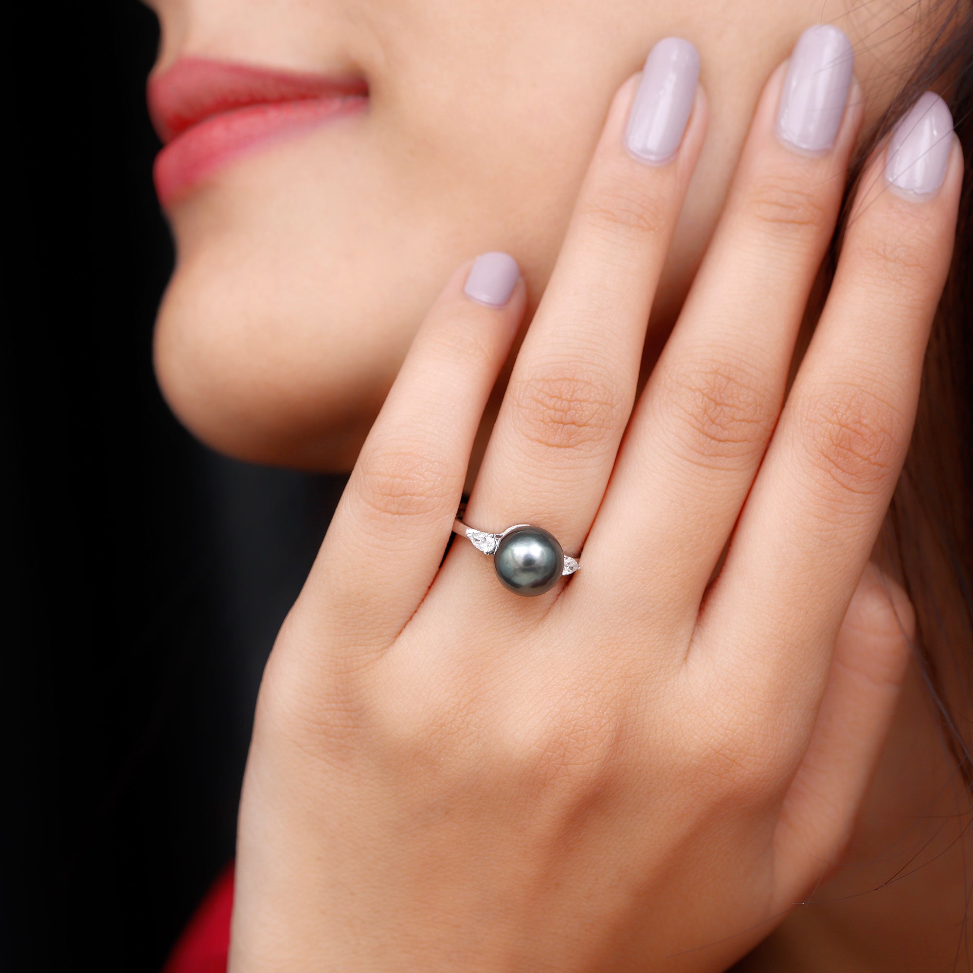 Rosec Jewels-Round Tahitian Pearl Solitaire Engagement Ring with Moissanite