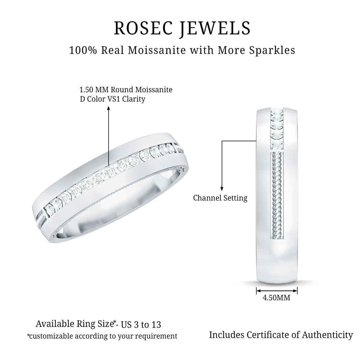 Brilliant Cut Moissanite Wedding Band D-VS1 - Rosec Jewels