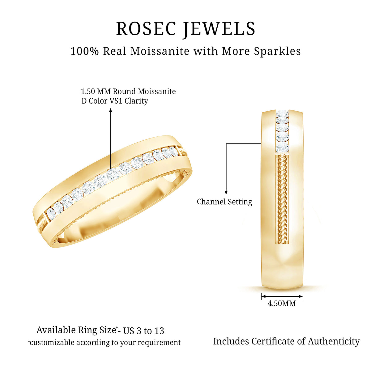 Brilliant Cut Moissanite Wedding Band D-VS1 - Rosec Jewels