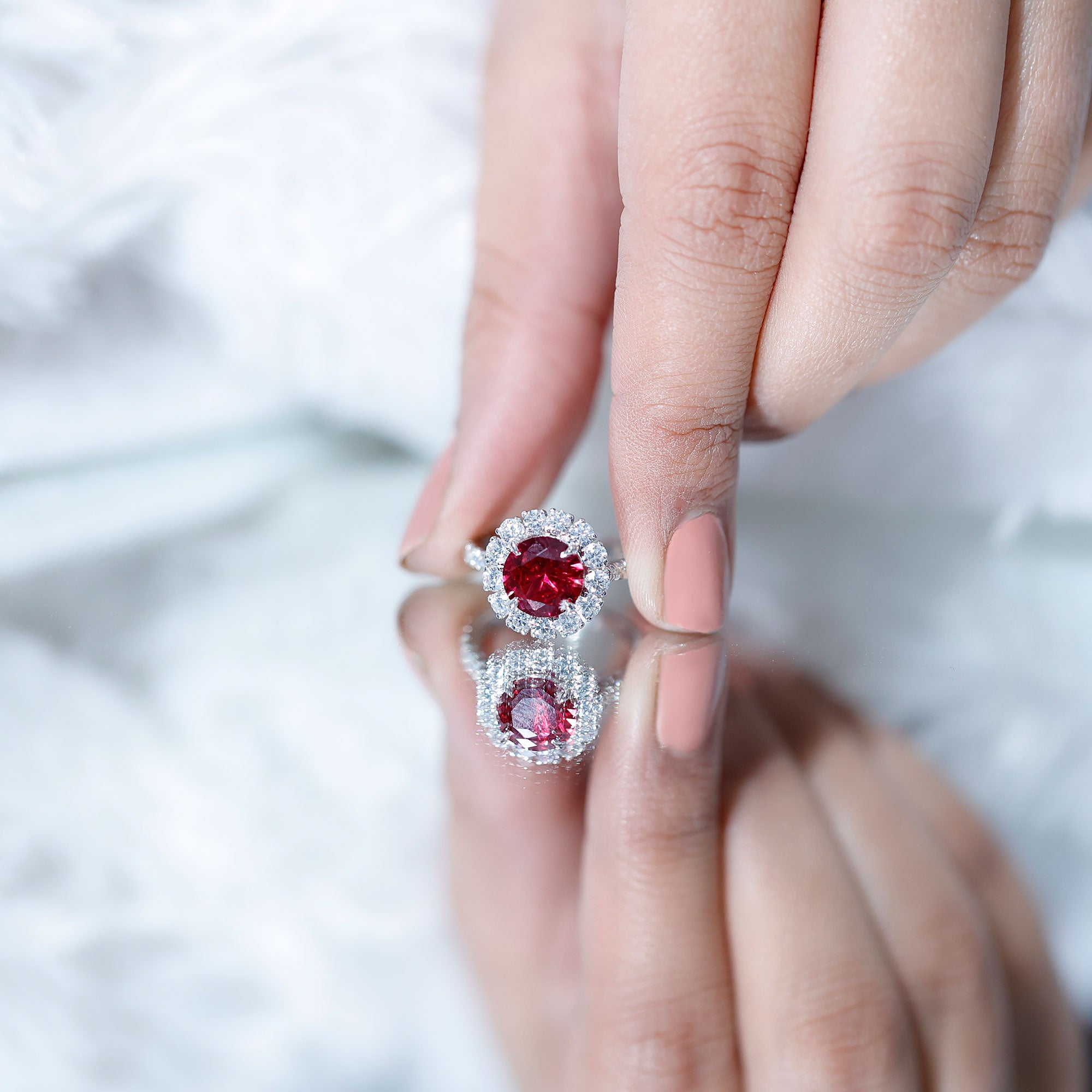 Rosec Jewels-Round Lab Created Ruby and Moissanite Halo Engagement Ring
