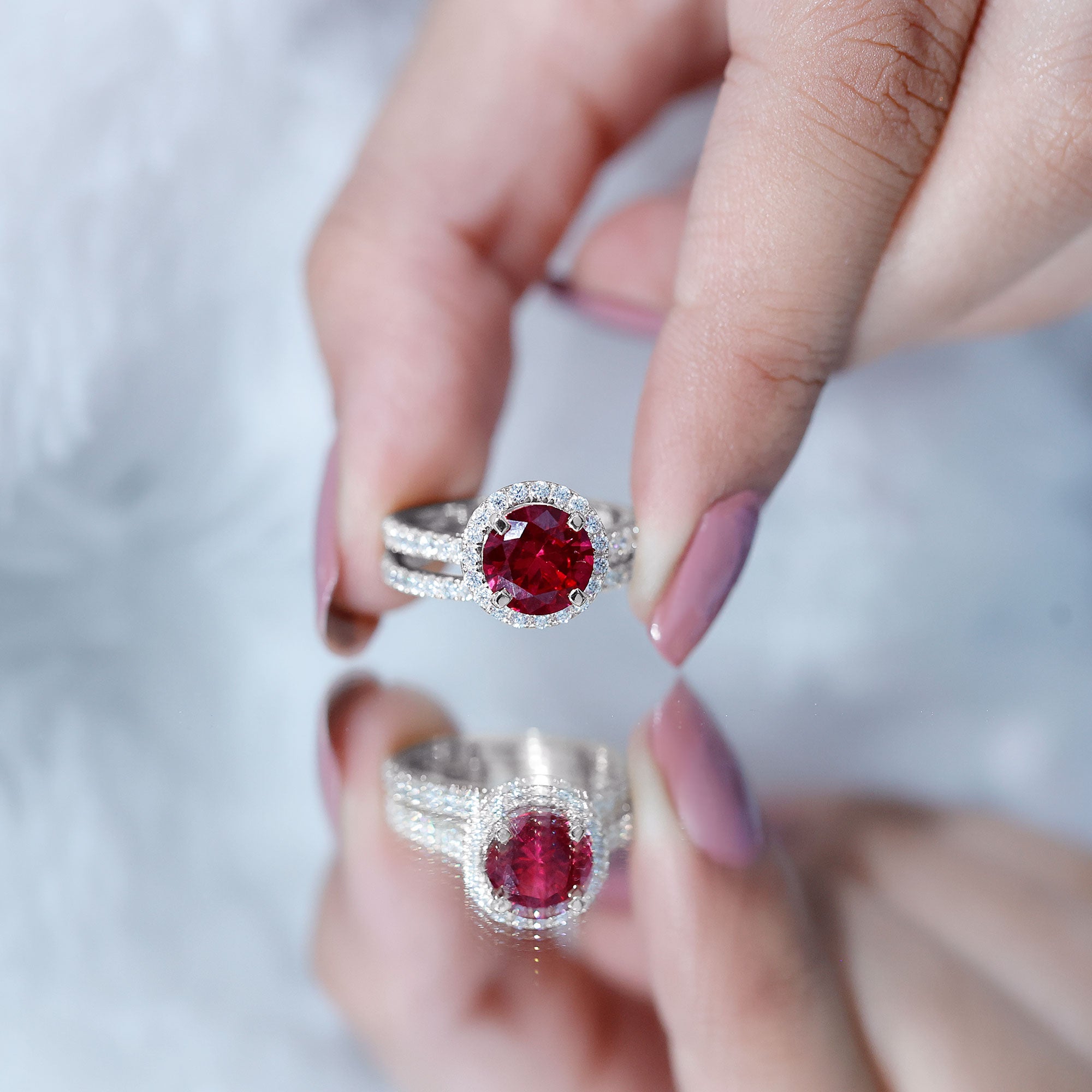 2.3 Carat Round Lab Grown Ruby Solitaire Engagement Ring in Split Shank AAAA - Rosec Jewels