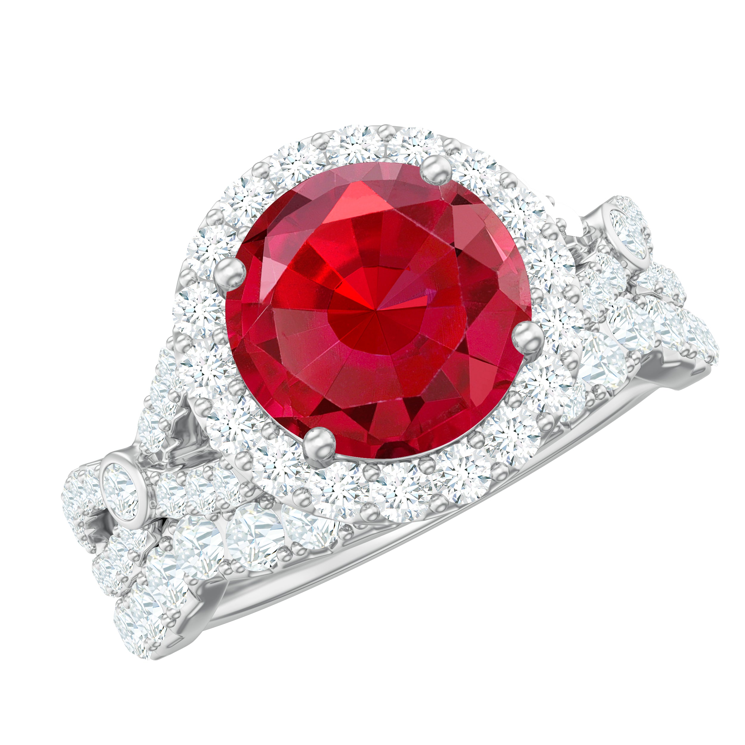 Rosec Jewels-Round Cut Lab Created Ruby and Moissanite Bridal Ring Set