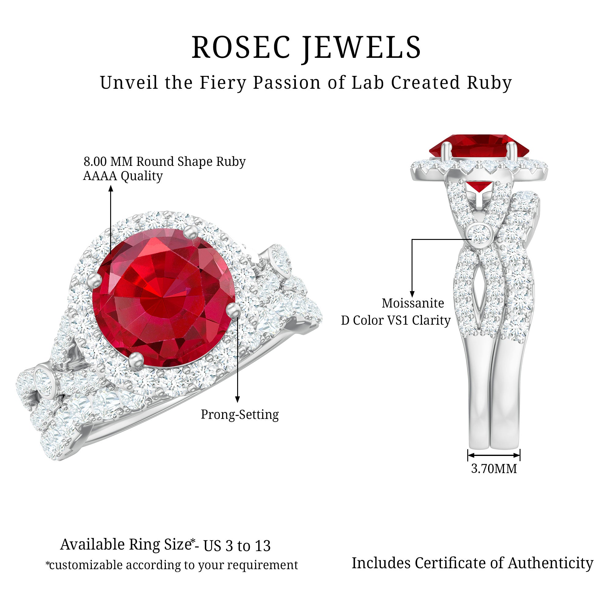 Rosec Jewels-Round Cut Lab Created Ruby and Moissanite Bridal Ring Set