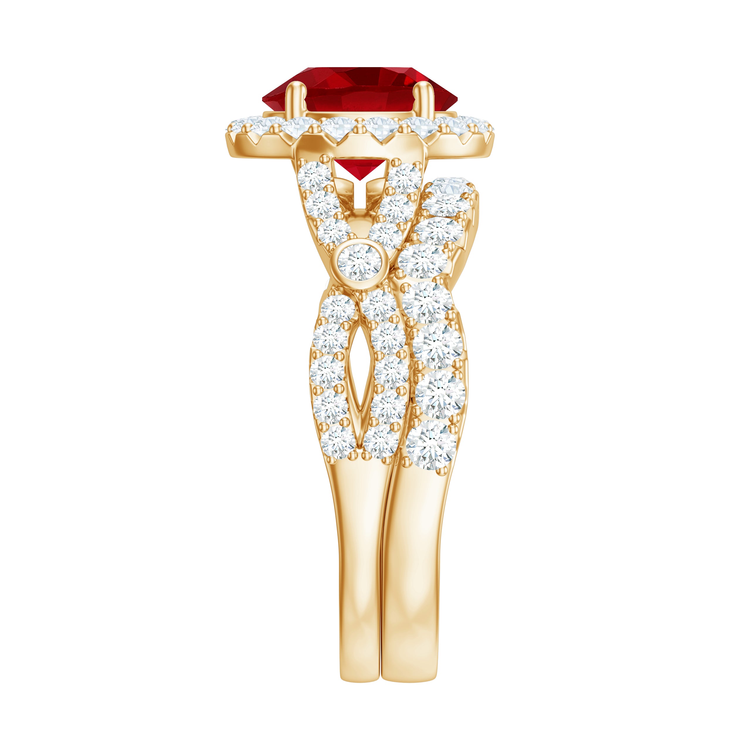 Rosec Jewels-Round Cut Lab Created Ruby and Moissanite Bridal Ring Set