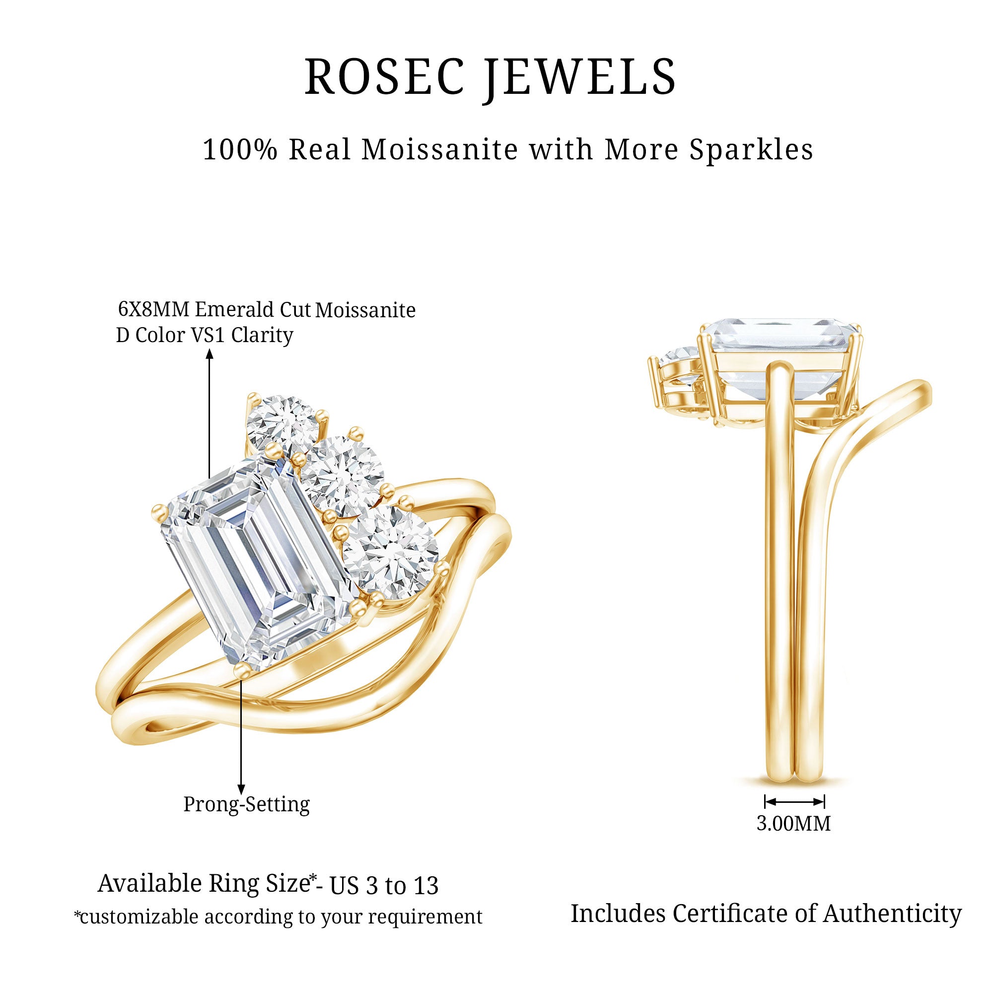 Emerald Cut Moissanite Engagement Ring with Enhancer D-VS1 - Rosec Jewels
