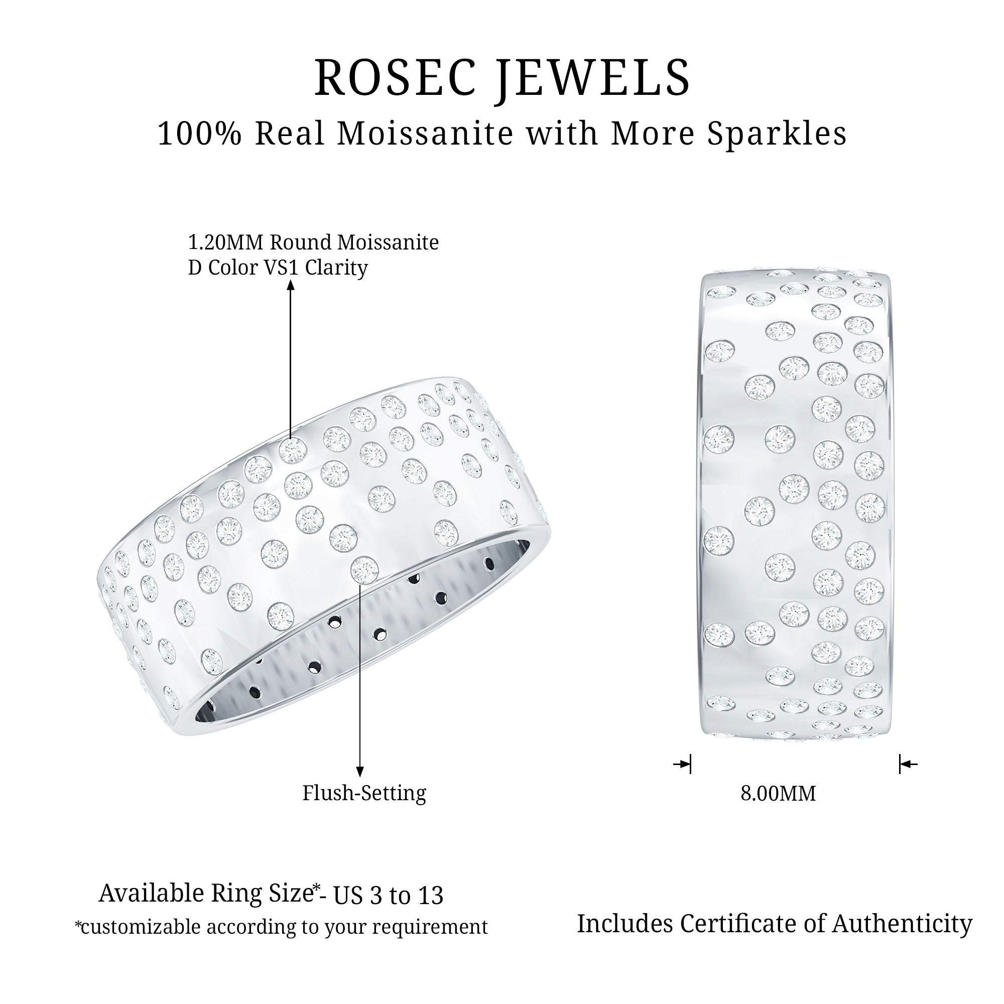 Certified Moissanite Wide Wedding Band in Flush Setting D-VS1 - Rosec Jewels