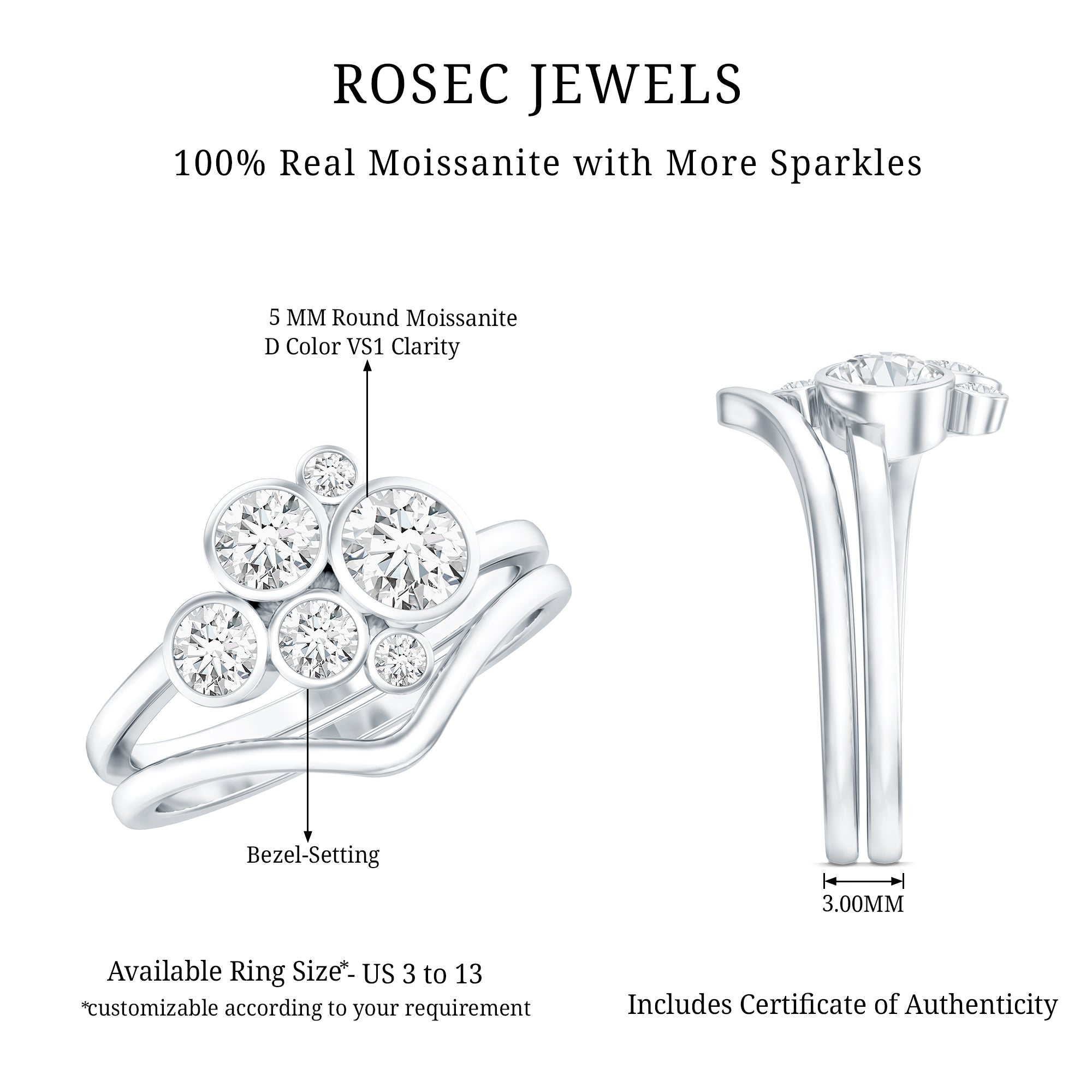 Round Moissanite Cluster Bridal Ring Set for Women D-VS1 - Rosec Jewels