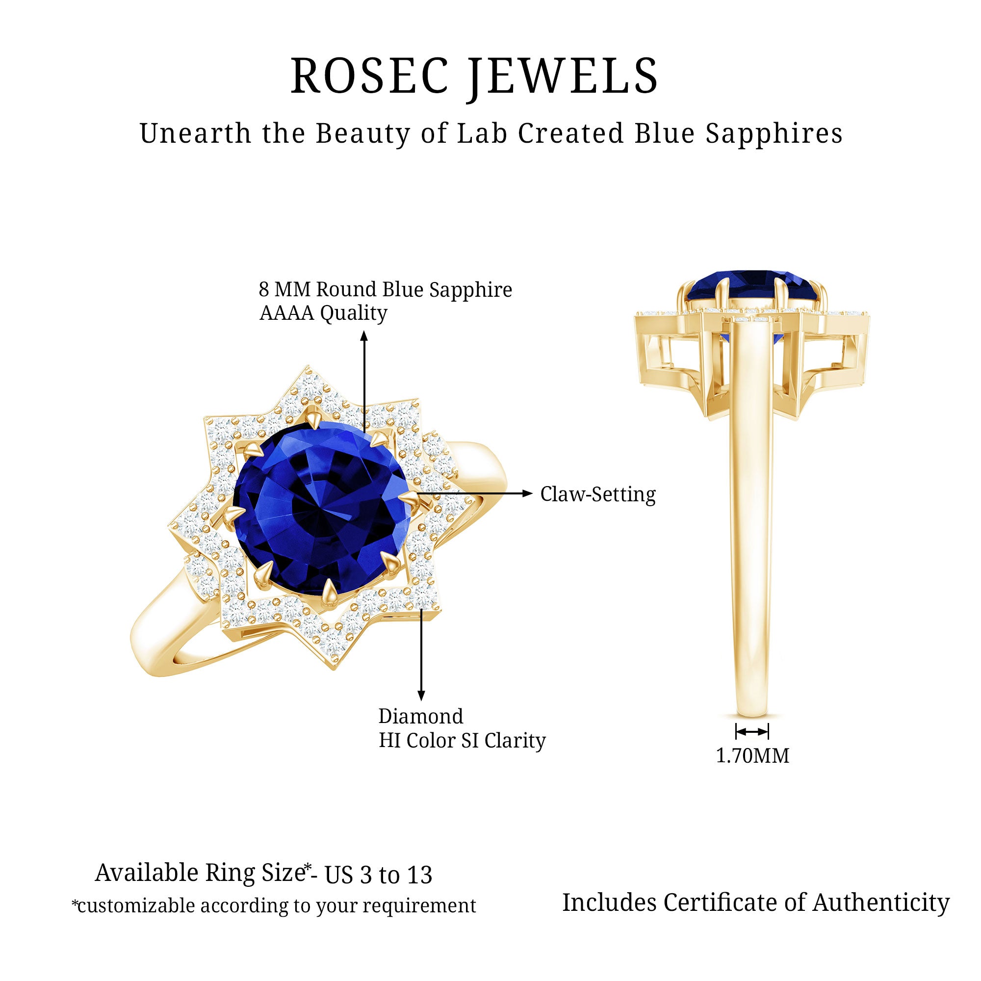 Certified 2.7 Carat Lab Grown Blue Sapphire Engagement Ring with Diamond Star Halo AAAA - Rosec Jewels