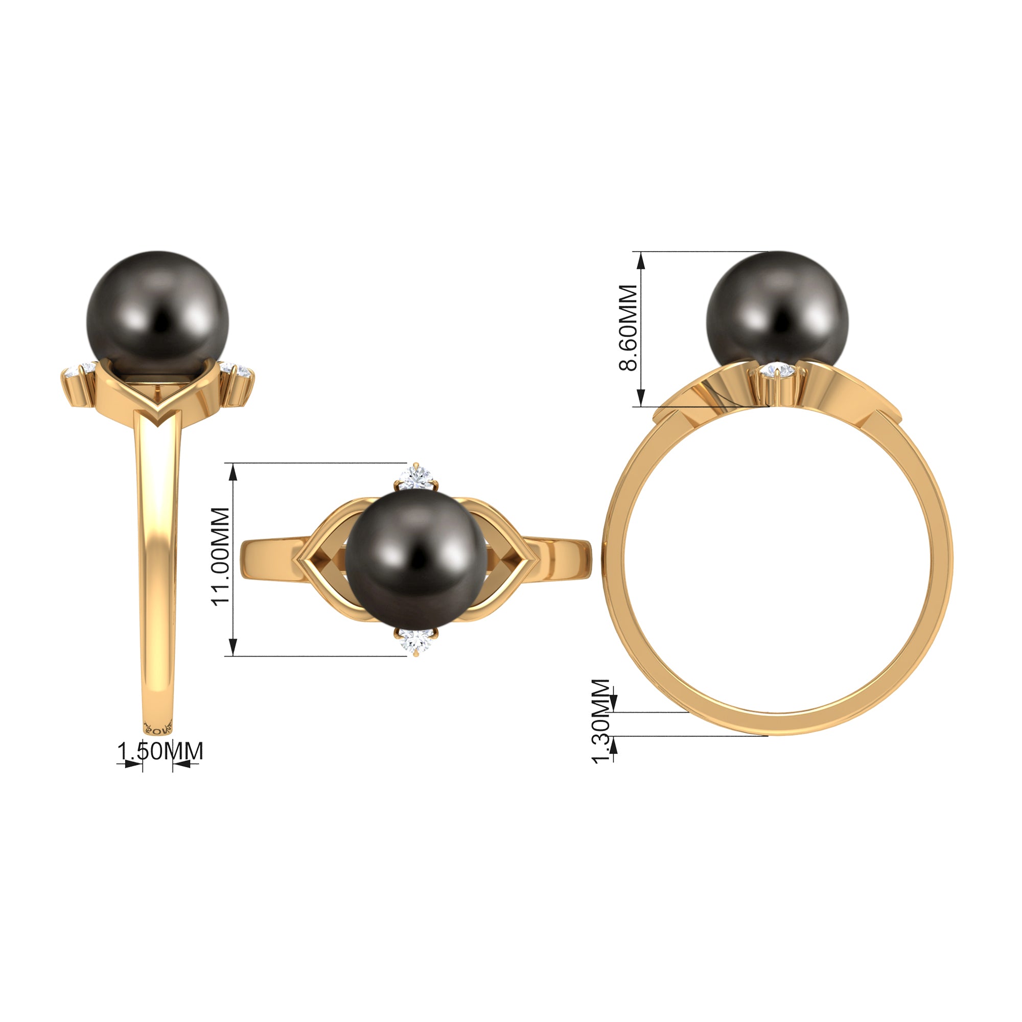 Genuine Tahitian Pearl Solitaire Split Shank Engagement Ring with Diamond AAA - Rosec Jewels