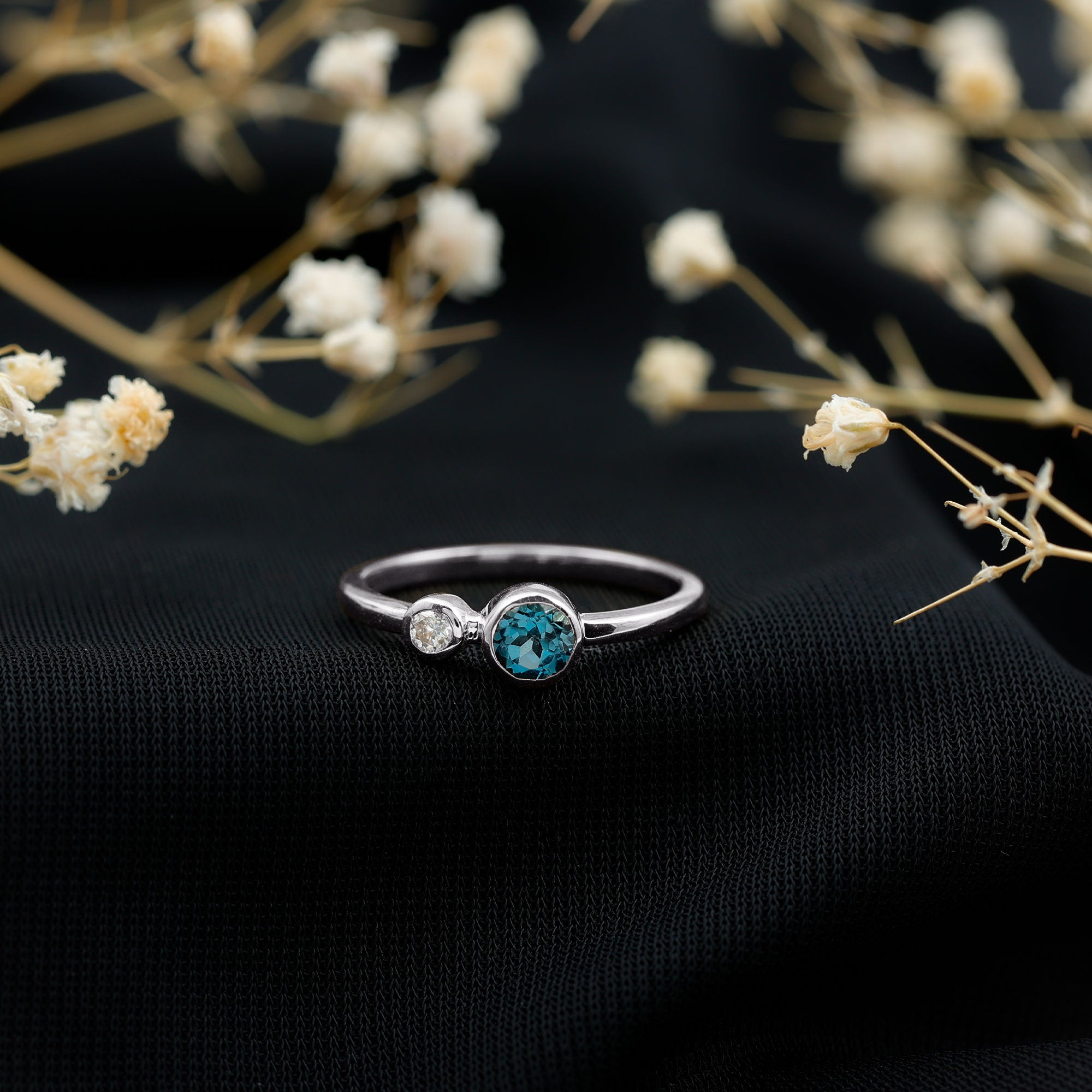 Rosec Jewels-Round London Blue Topaz and Lab Diamond Two Stone Promise Ring For Her