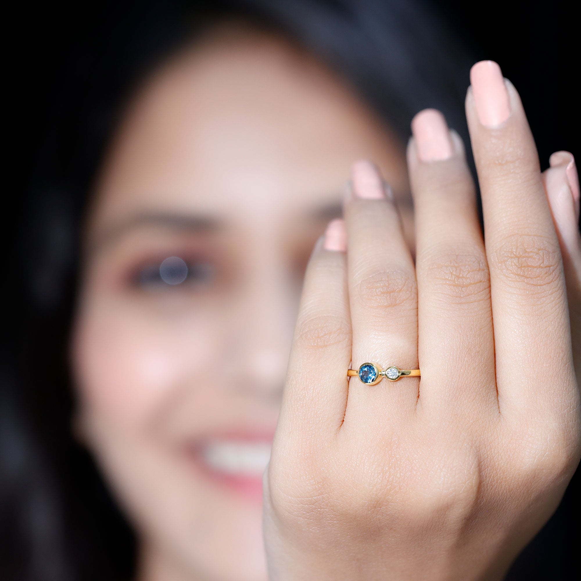 Rosec Jewels-Round London Blue Topaz and Lab Diamond Two Stone Promise Ring For Her