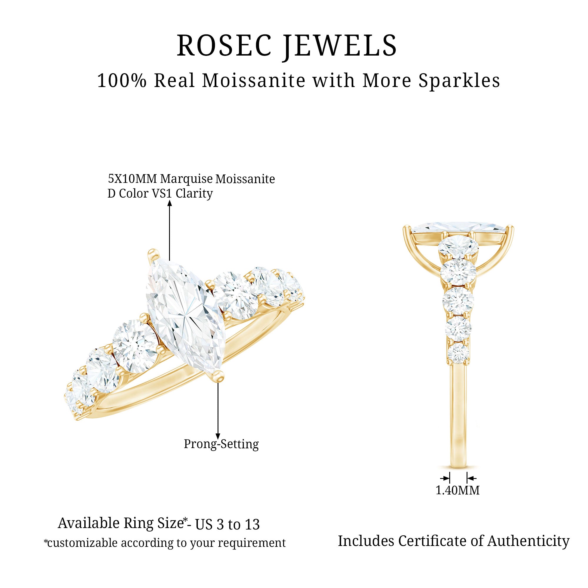 Rosec Jewels-Marquise Cut Moissanite Engagement Ring with Side Stones