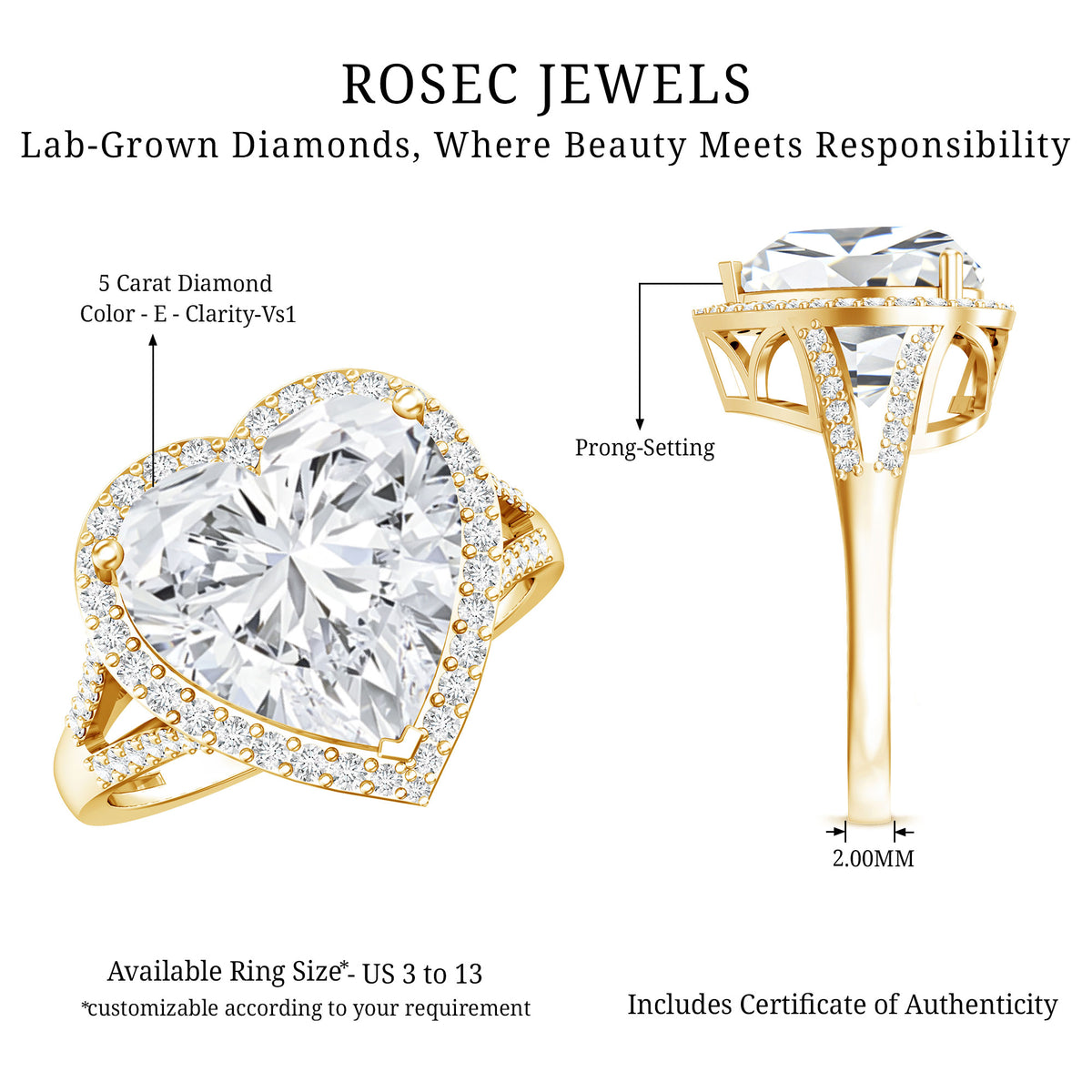 IGI Graded 5 Carat Heart Shape Lab Grown Diamond Cocktail Ring Lab - ( E-VS1 ) - Rosec Jewels