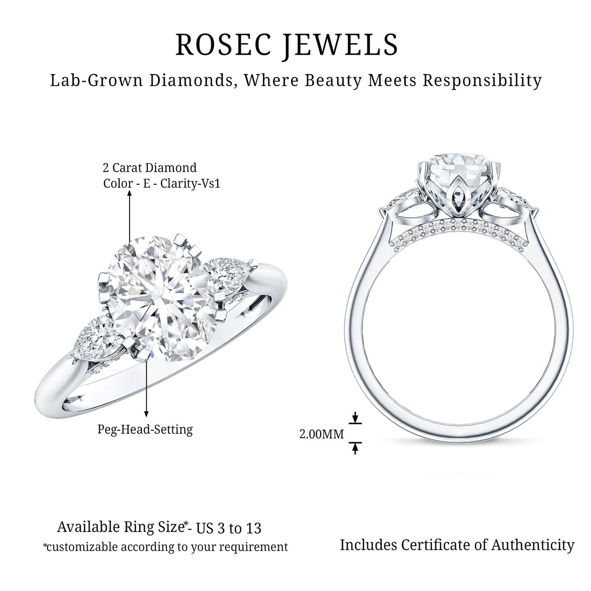 2 Carat Oval Lab Grown Diamond Journey Ring with IGI Certificate Lab - ( E-VS1 ) - Rosec Jewels