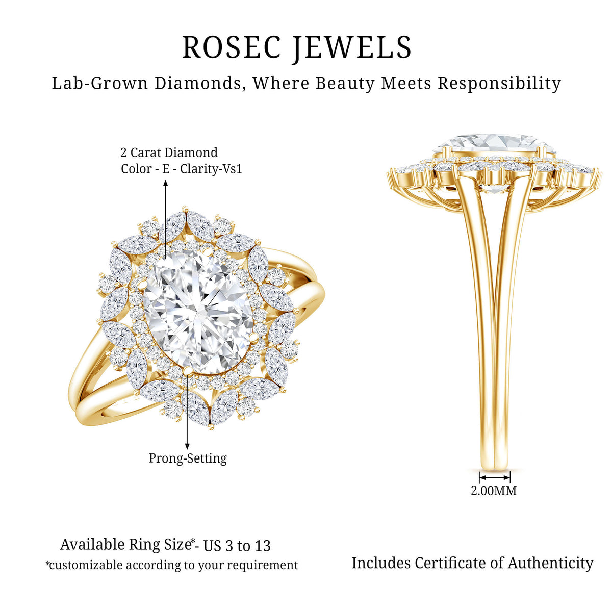 IGI Verified 2 Carat Oval Lab Grown Diamond Statement Engagement Ring with Double Halo Lab - ( E-VS1 ) - Rosec Jewels