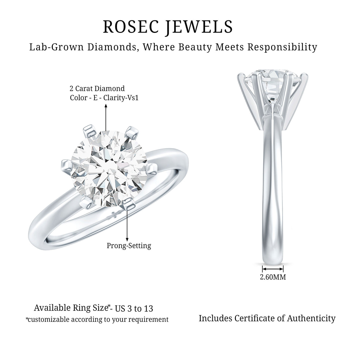 Lab Grown 2 Carat Diamond Solitaire Engagement Ring with IGI Certificate Lab - ( E-VS1 ) - Rosec Jewels