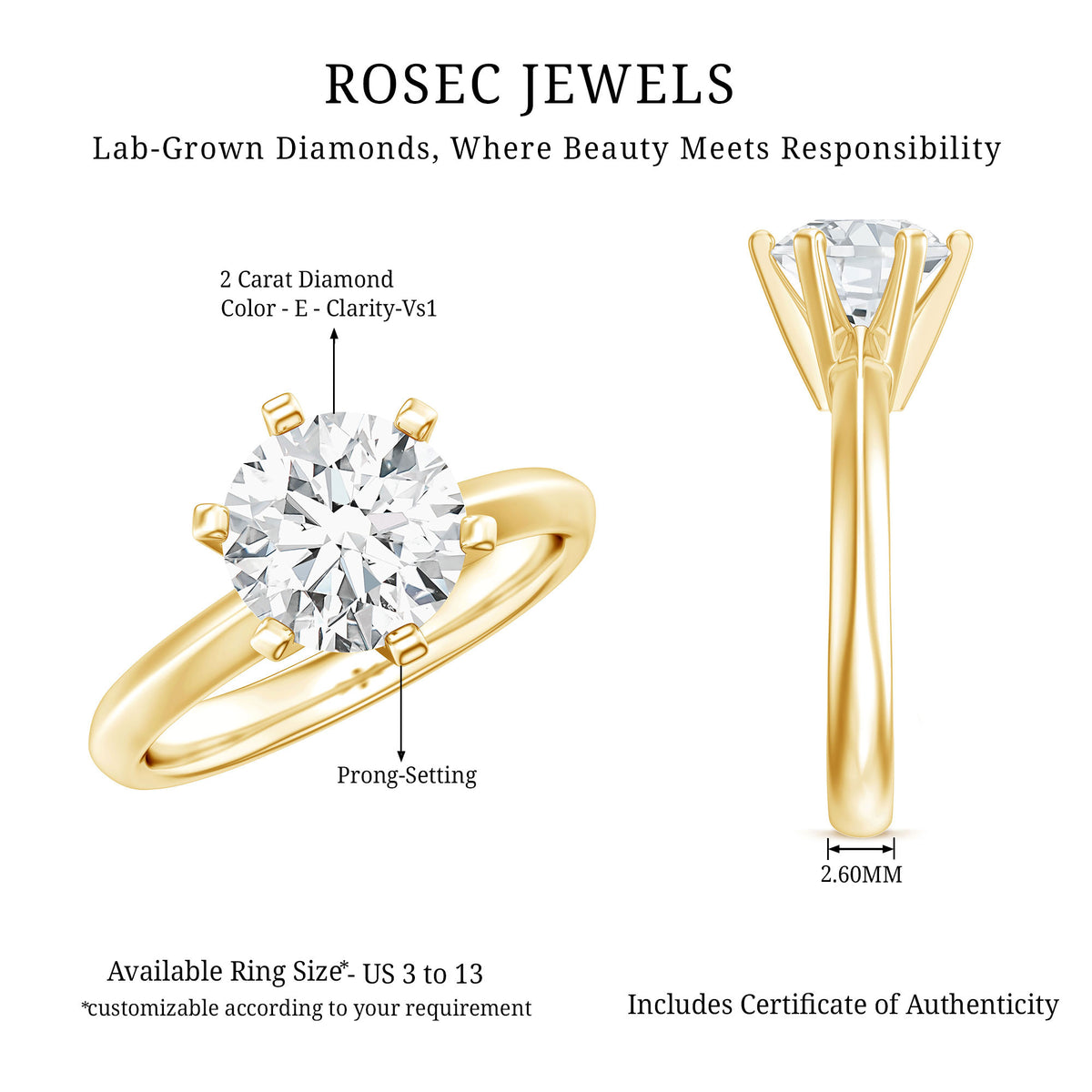 Lab Grown 2 Carat Diamond Solitaire Engagement Ring with IGI Certificate Lab - ( E-VS1 ) - Rosec Jewels