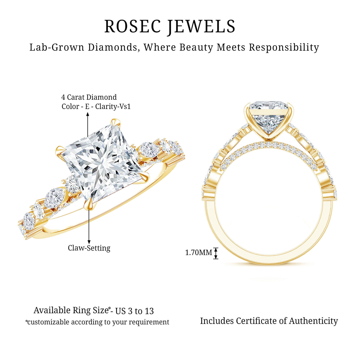 4 Carat Princess Cut Lab Grown Diamond Designer Engagement Ring IGI Certified Lab - ( E-VS1 ) - Rosec Jewels